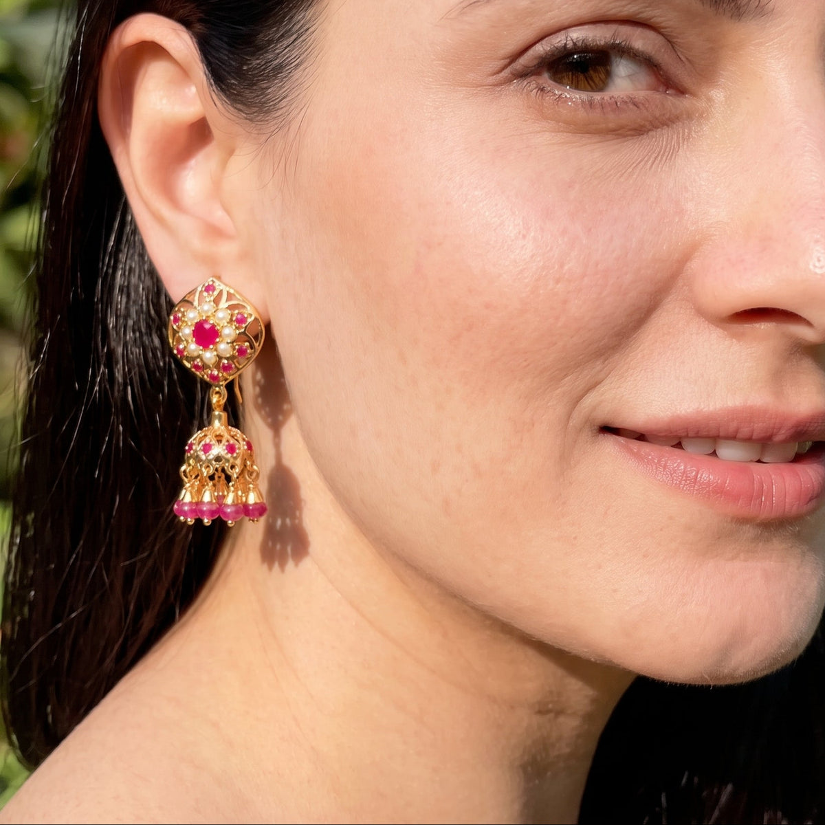 Ruby-Toned Floral Jhumka Earrings with Pearl Accents | Gold Plated on Silver ER 814