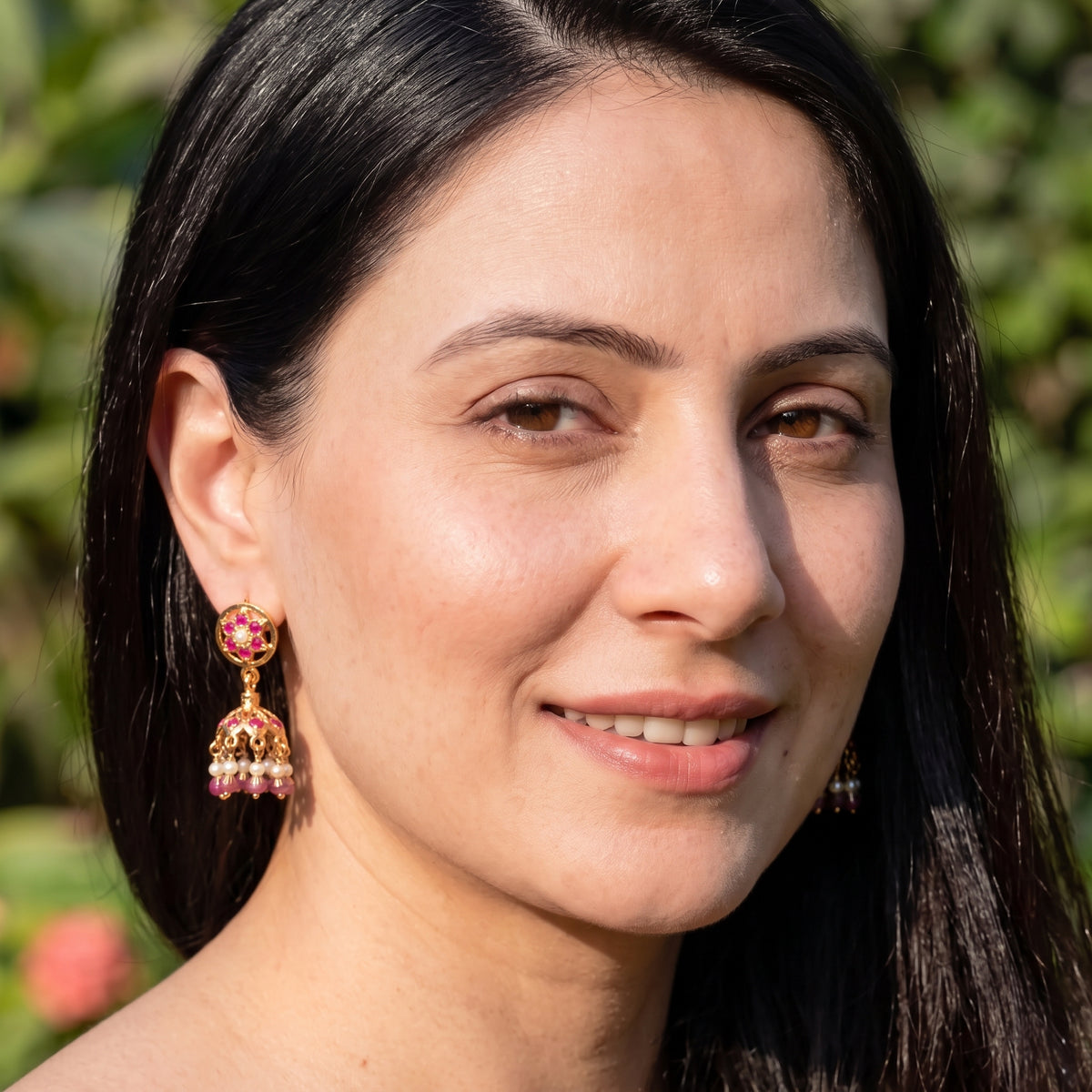 Dainty Jadau Jhumki in Ruby-Red Stones & Pearl Combination | Gold Plated on Silver ER 816