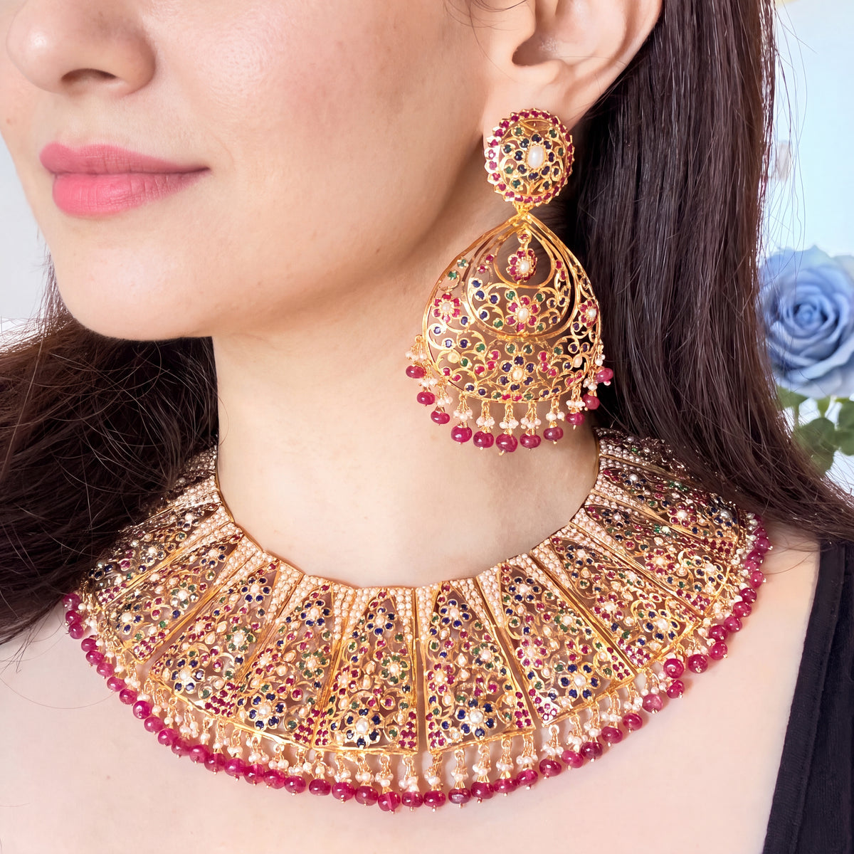 Bridal Wear Jadau Guluband with Multicolored Stones & Pearls | Gold Plated on Silver NS 507