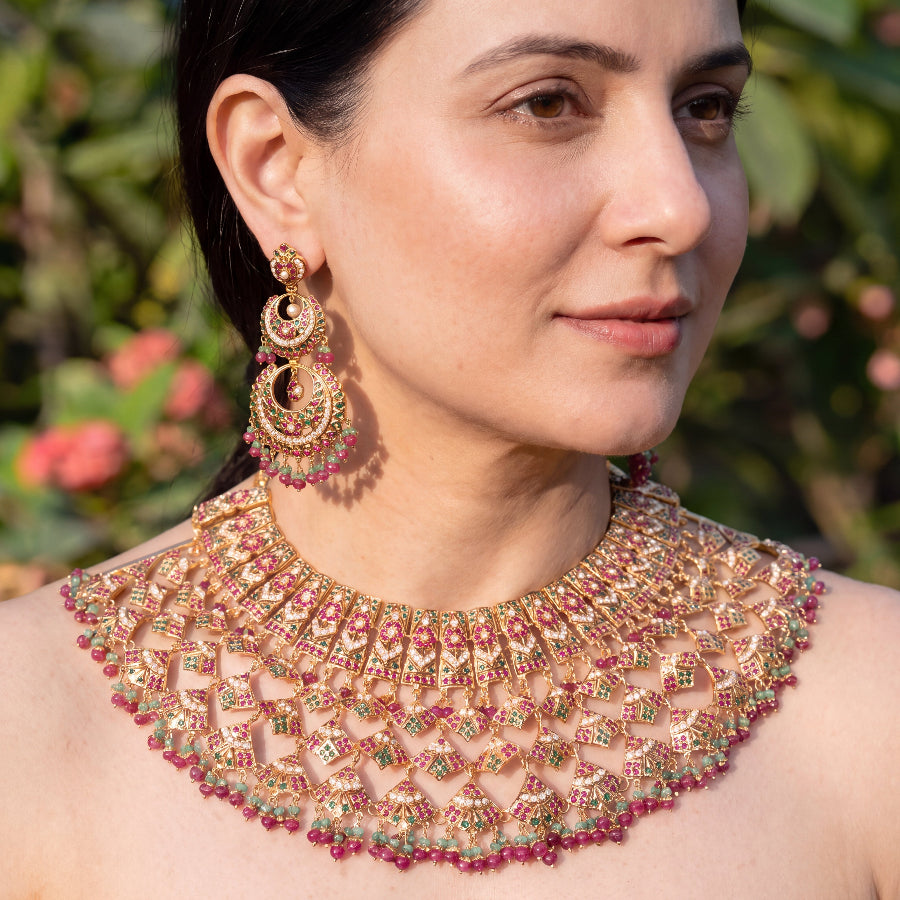 Pink and Green Jaal Bib Necklace Set with Double Chandbali Earrings | Gold Plated on Silver NS 517