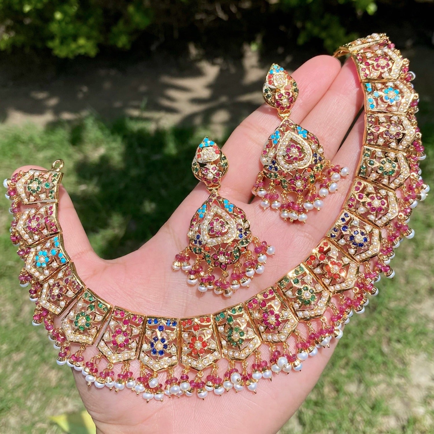 traditional jewelry navratna necklace set in gold plated silver