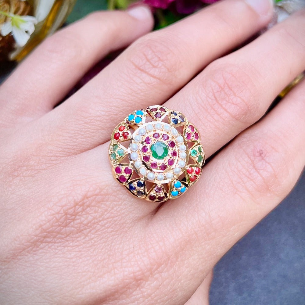 navratan ladies ring in 22k gold glr 014