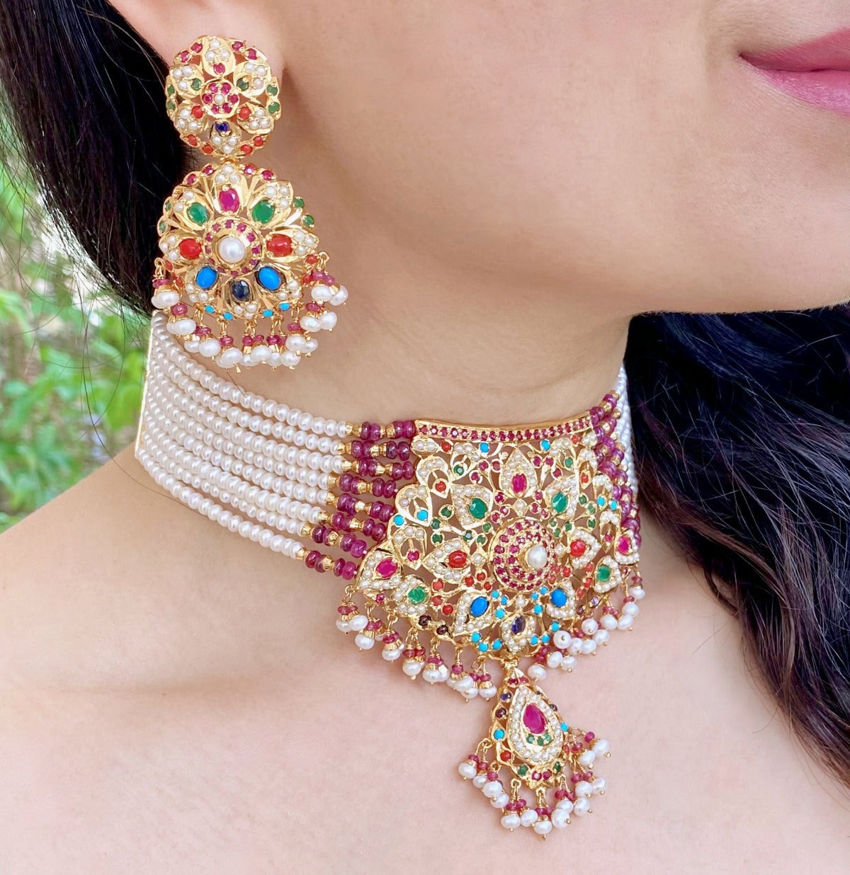 Enchanting Navratna Choker Set | Traditional Indian Jewelry on Silver Base NS 190A