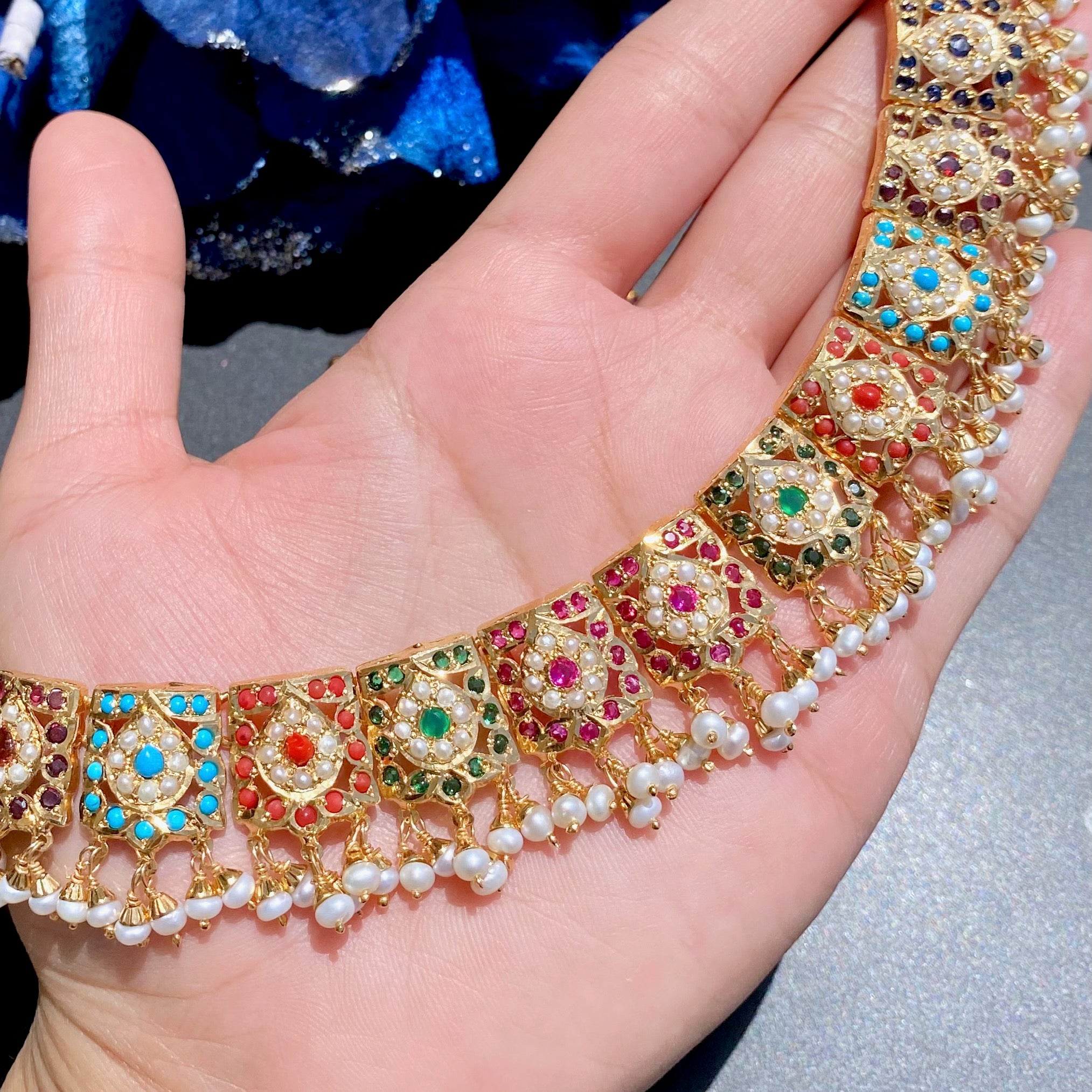Elegant and Sober Navaratna Necklace Set | Gold Plated Jadau Jewelry on Silver