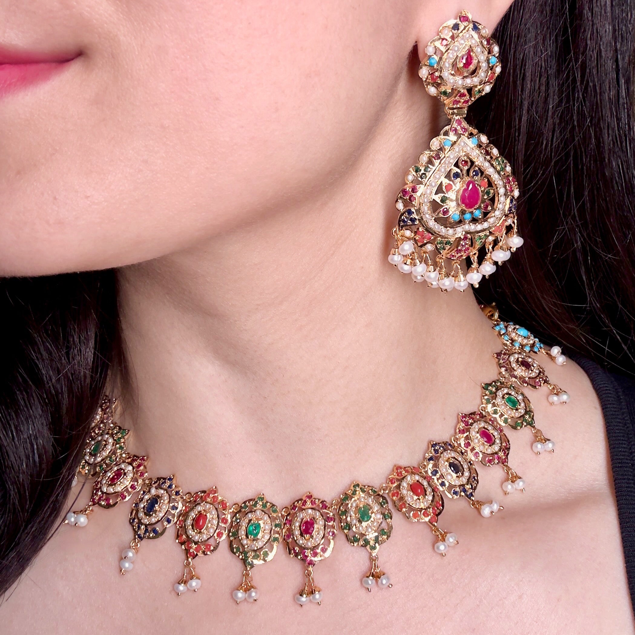 Jadau Navratan Set | Gold Plated on Pure Silver | Necklace with Large Earrings NS 375