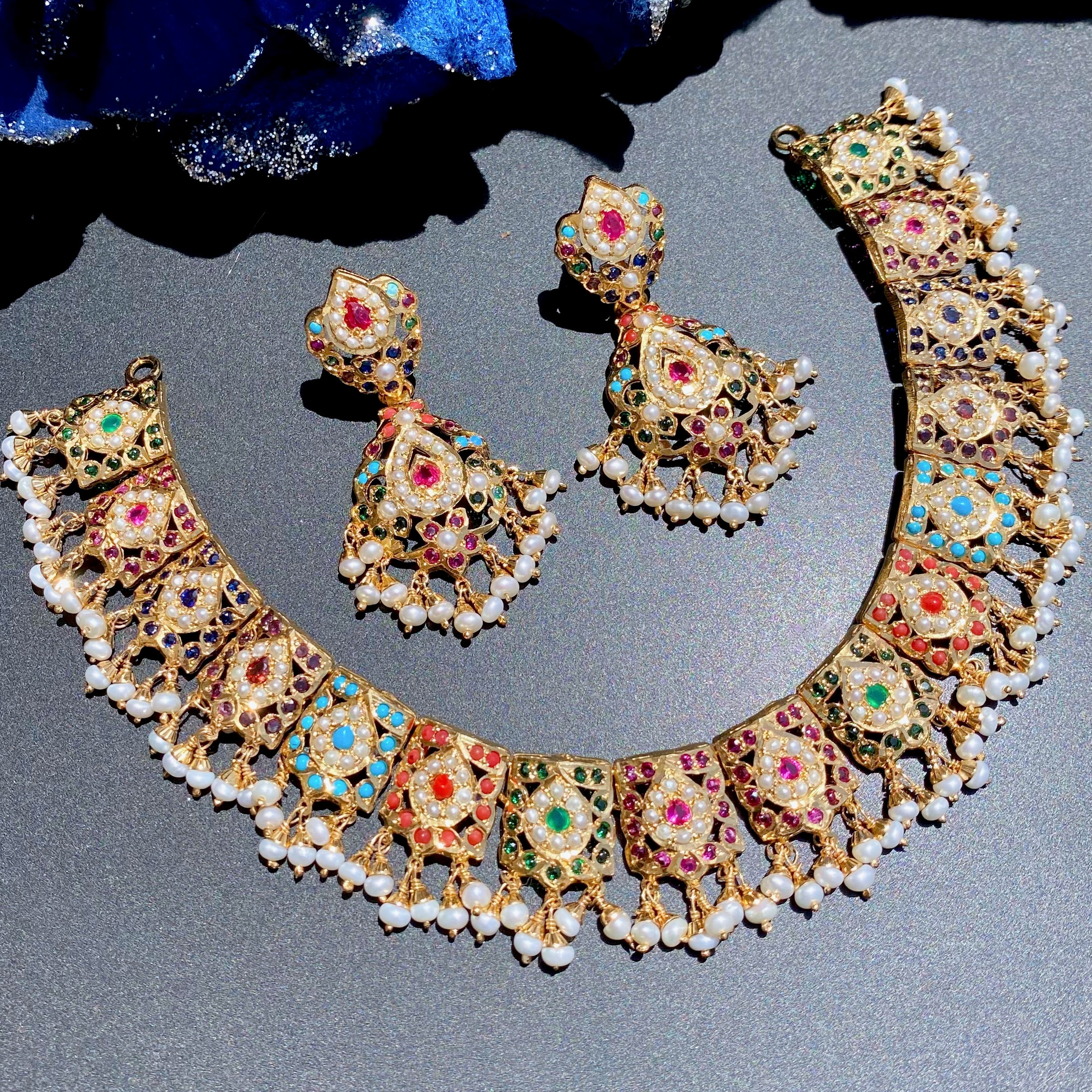Elegant and Sober Navaratna Necklace Set | Gold Plated Jadau Jewelry on Silver