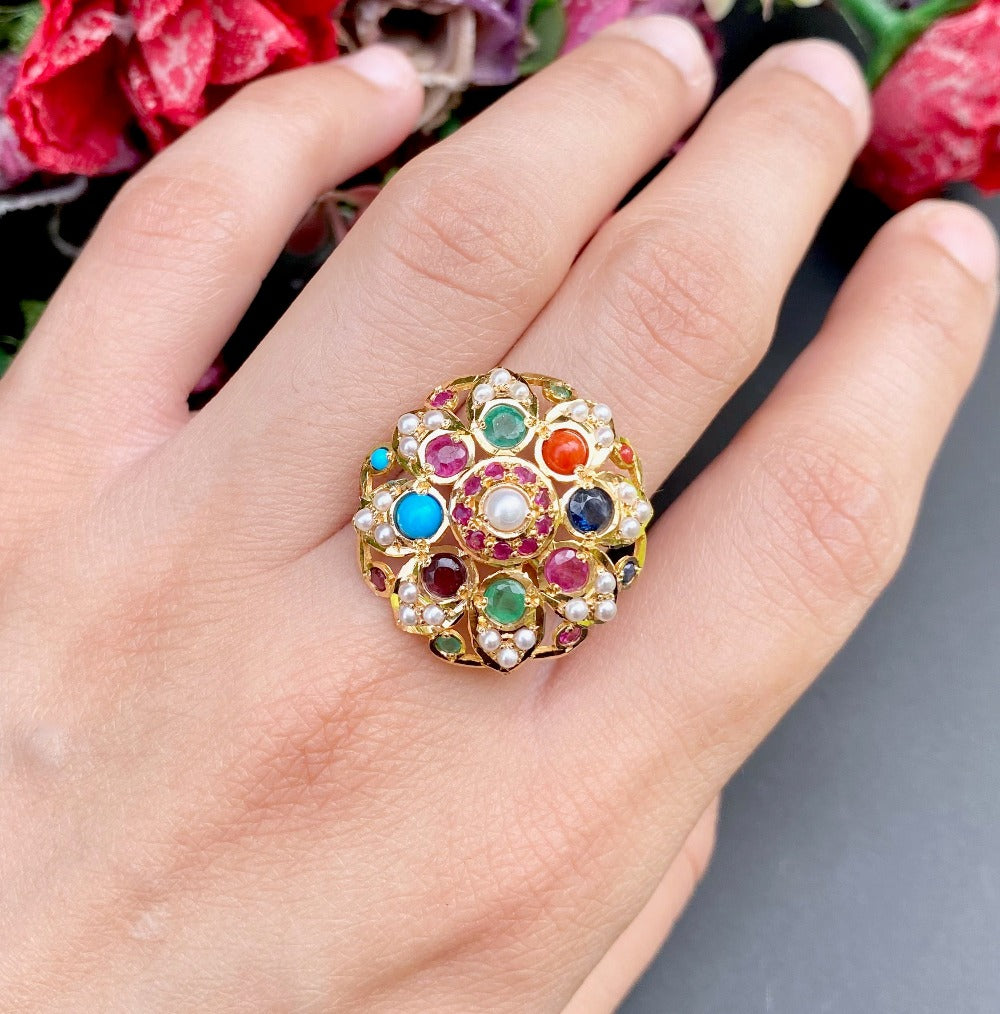 Navratna Ladies Ring Classic Jadau Jewels Online 22K Gold GLR 033