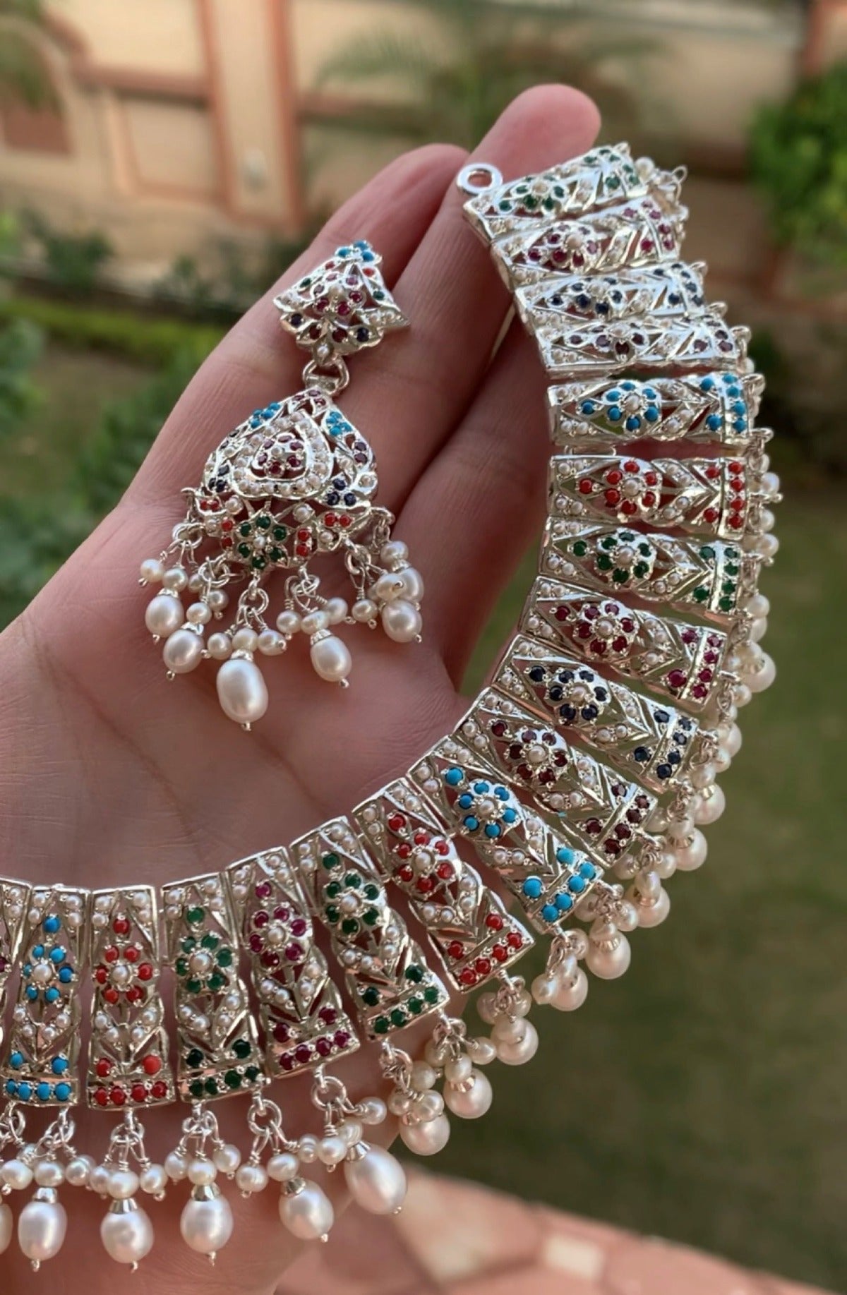 navrattan necklace set in silver