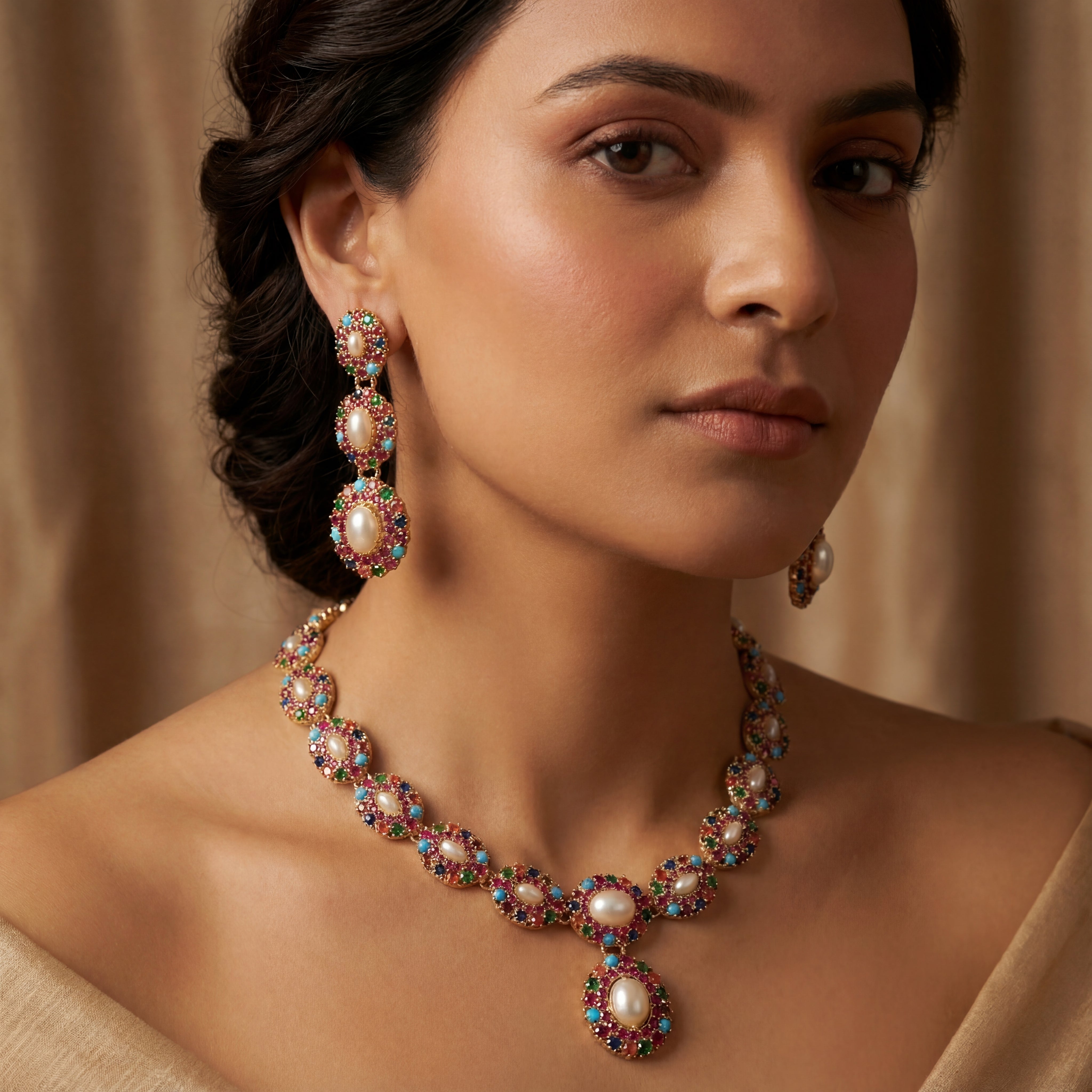 Unique Navratna Necklace Set | Gold Plated on Silver Jewelry | NS 420