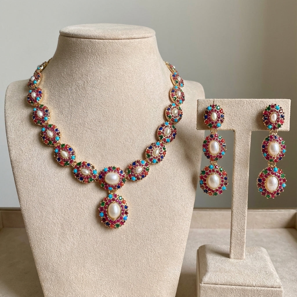 Unique Navratna Necklace Set | Gold Plated on Silver Jewelry | NS 420