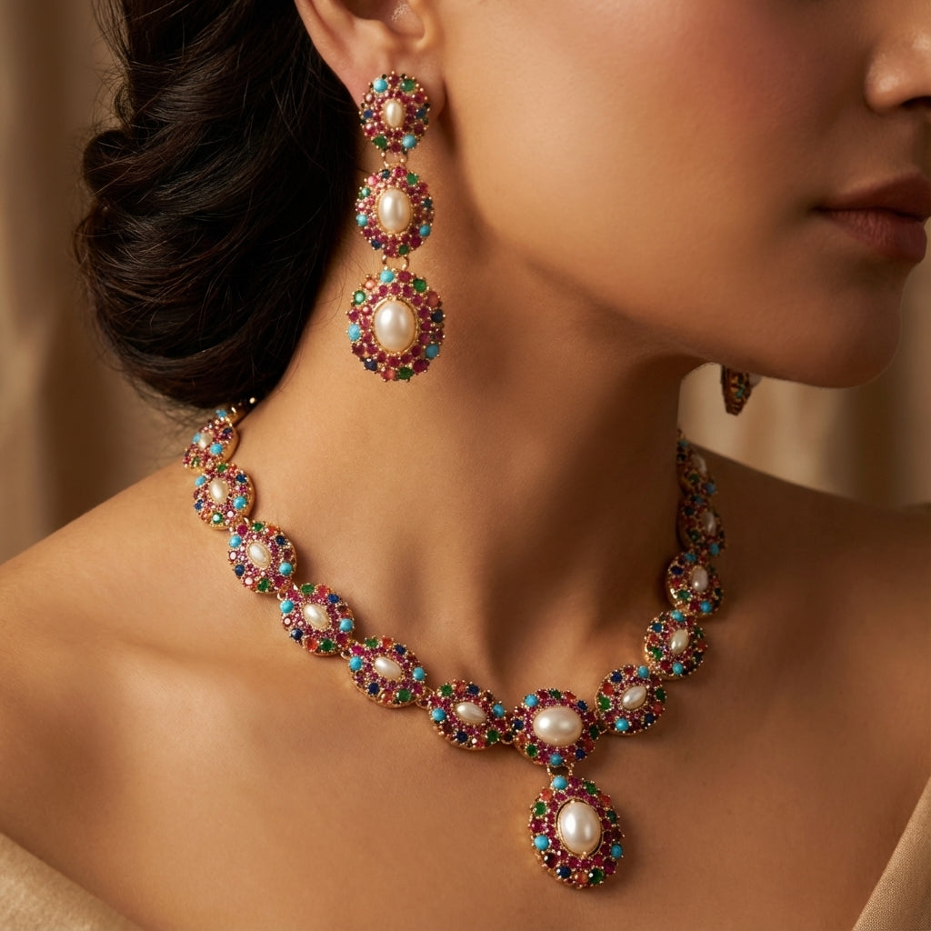 Unique Navratna Necklace Set | Gold Plated on Silver Jewelry | NS 420