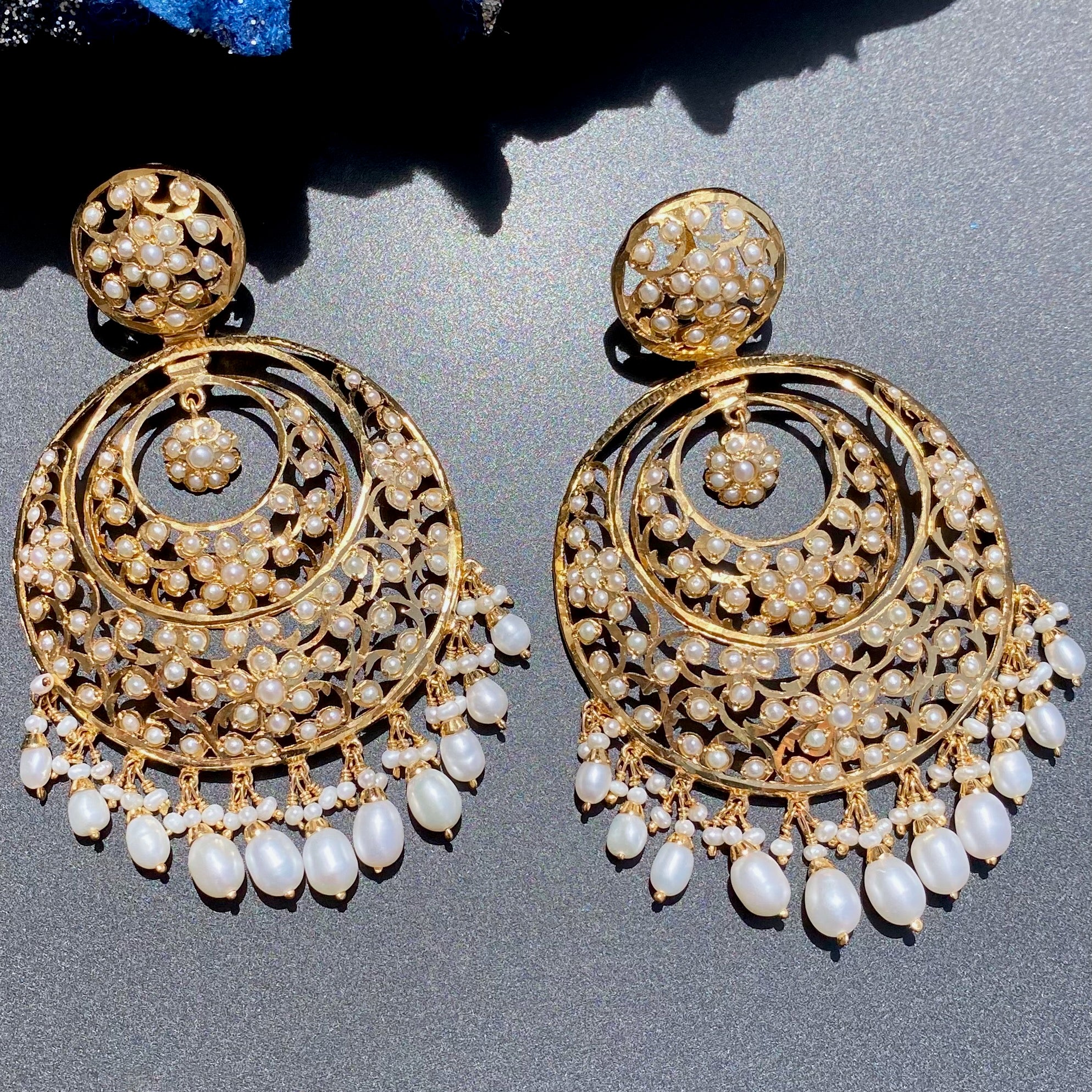 Intricate Jadau Earrings | Antique Design Fusion Jewelry | Authentic Freshwater Pearls ER 585