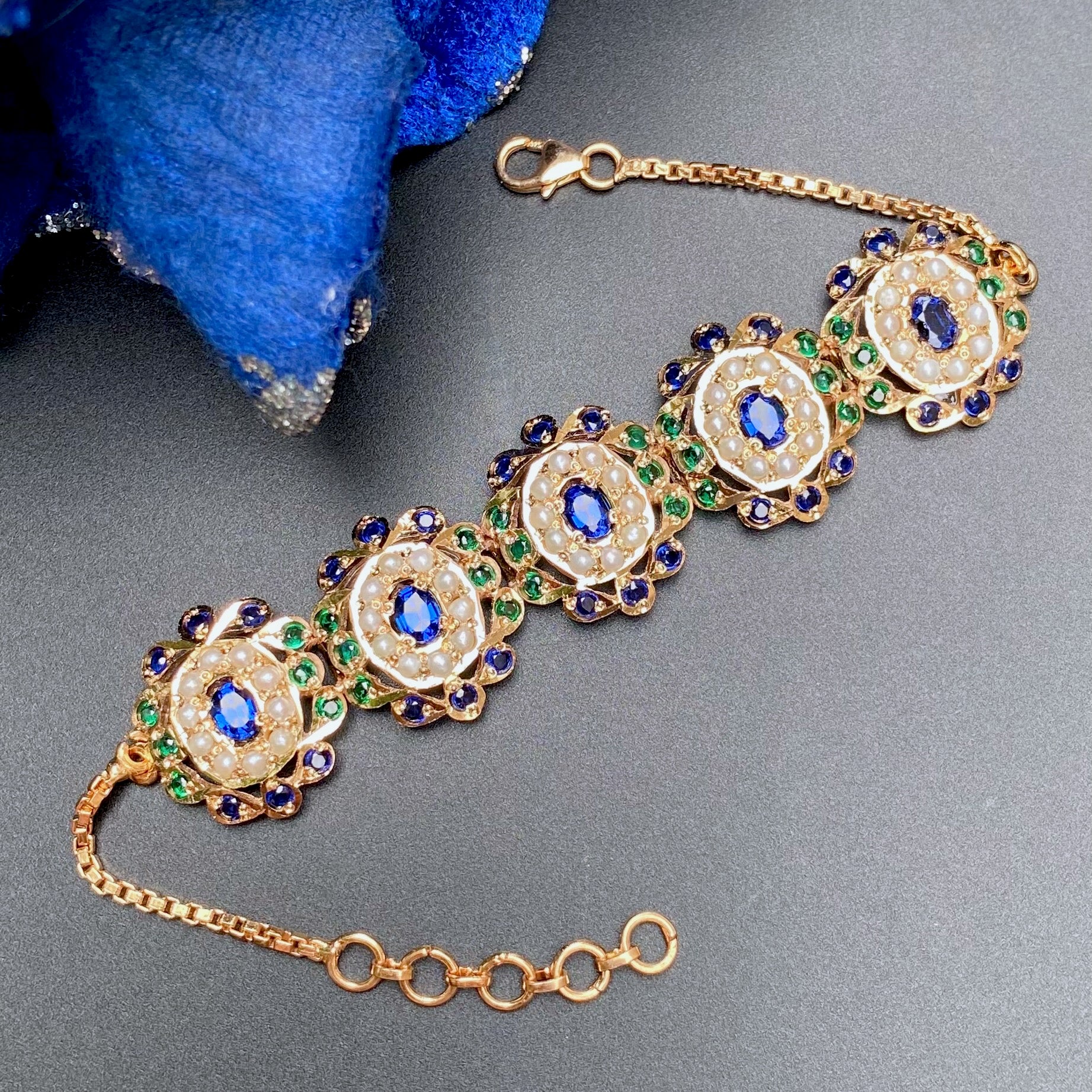 Silver Bracelet For Women & Girls | Jadau Wristlet with Blue Green Stones