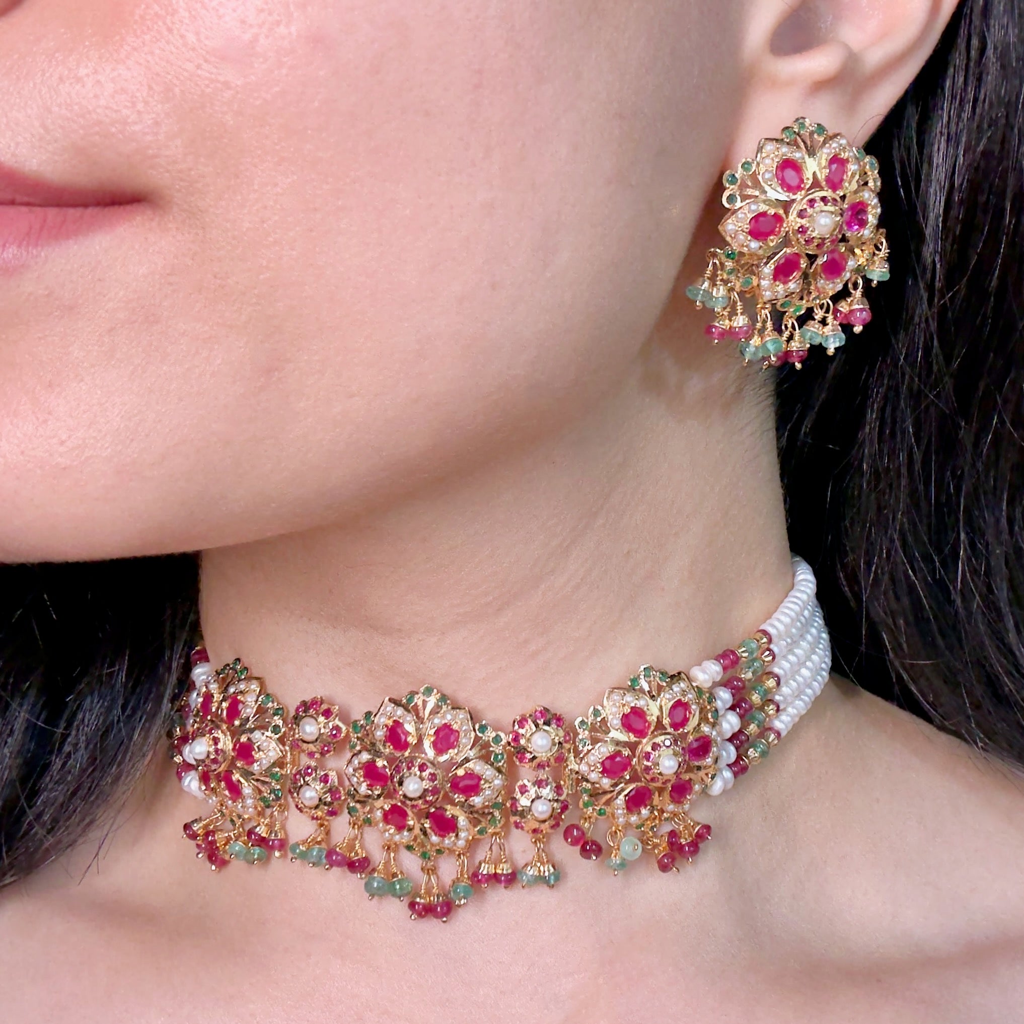 Exquisite Gold Plated Jadau Choker Set | Sterling Silver Base | Mix of Precious & Non Precious Stones NS 398
