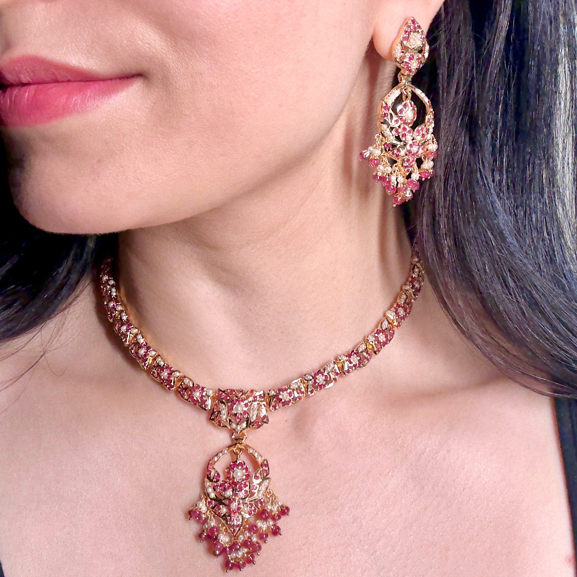 Ruby Pearl Jadau Necklace Set | Gold Plated on Silver NS 393