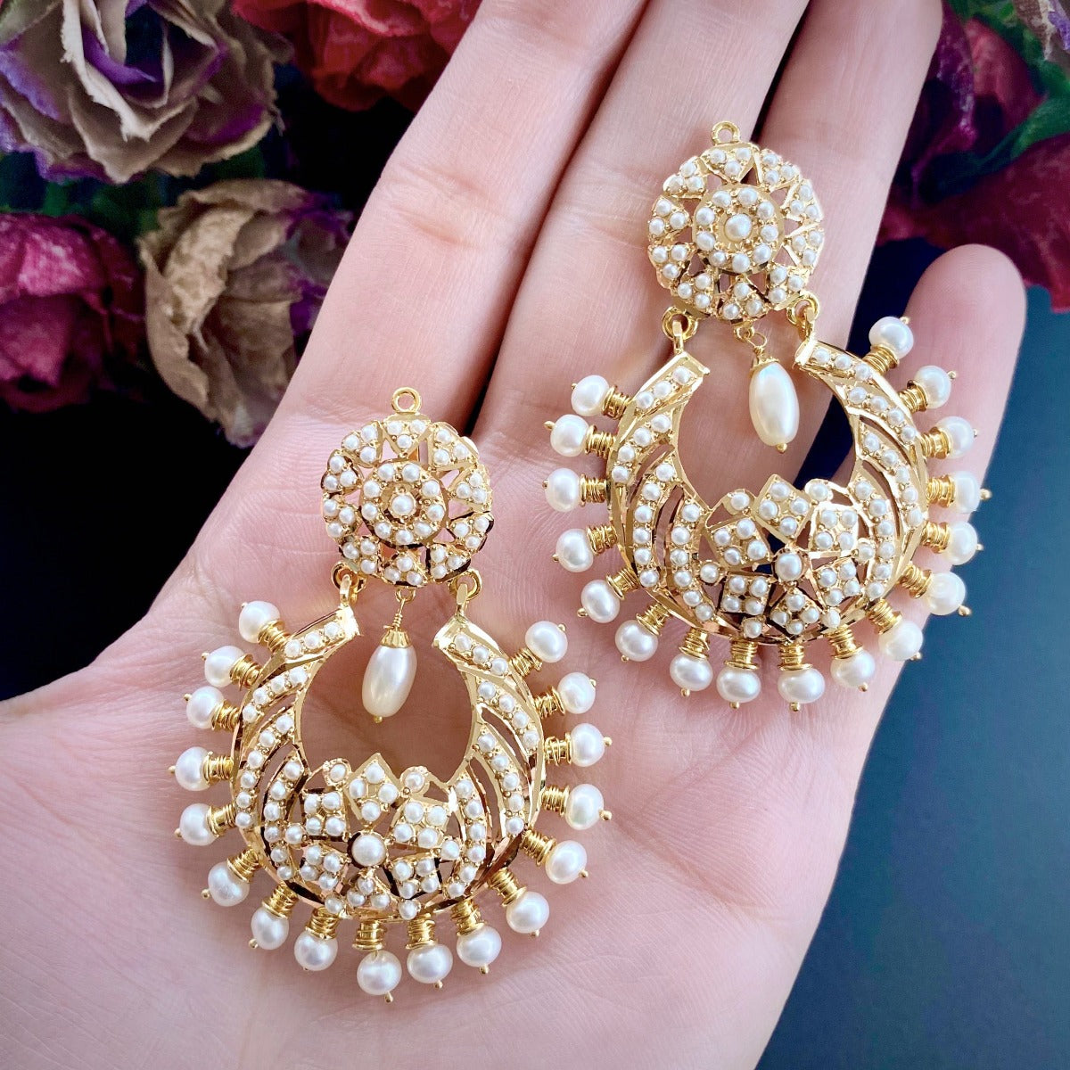 real gold pearl chandbali earrings