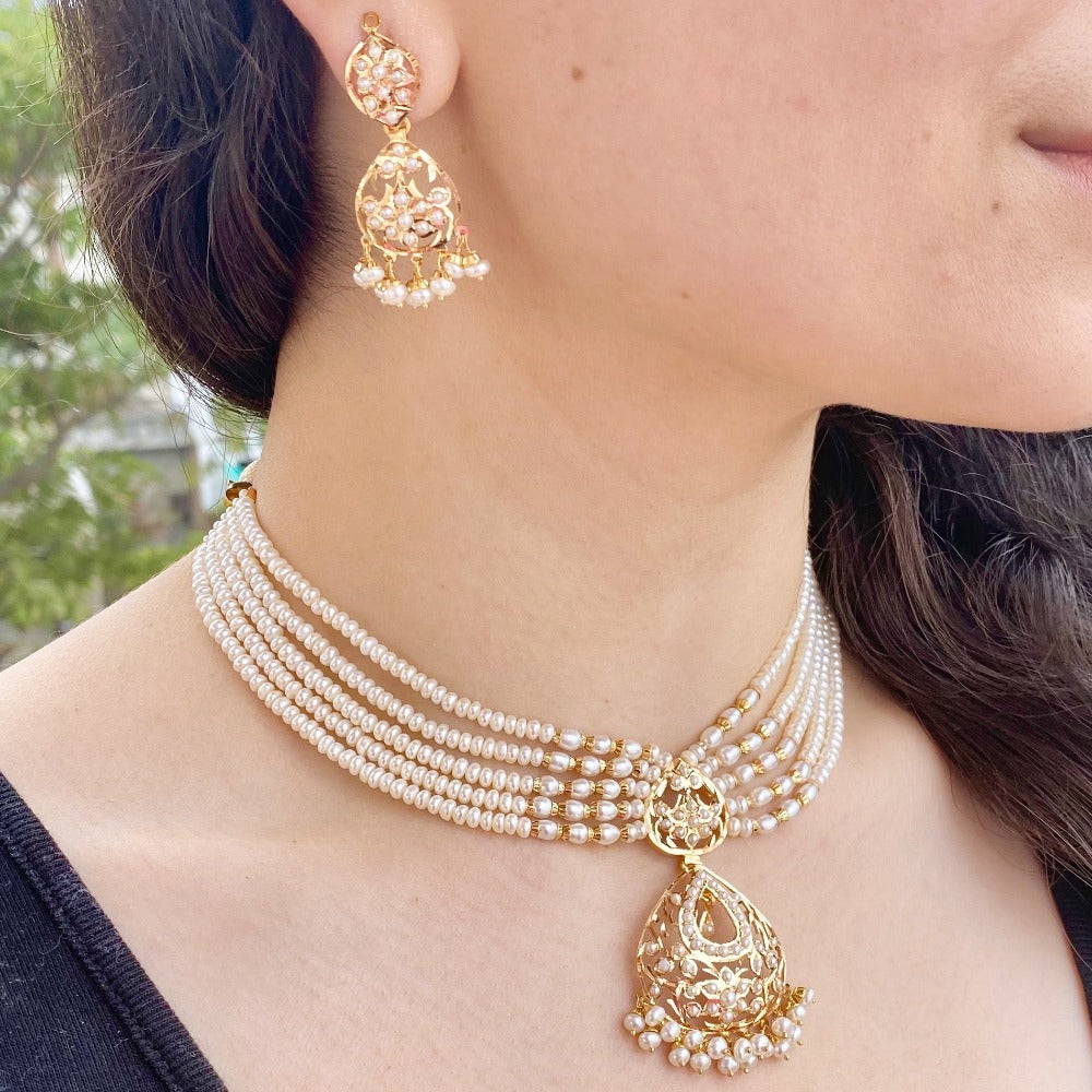 Gold Pendant Long Pearl Necklace Real All Pearls Pendant Set With