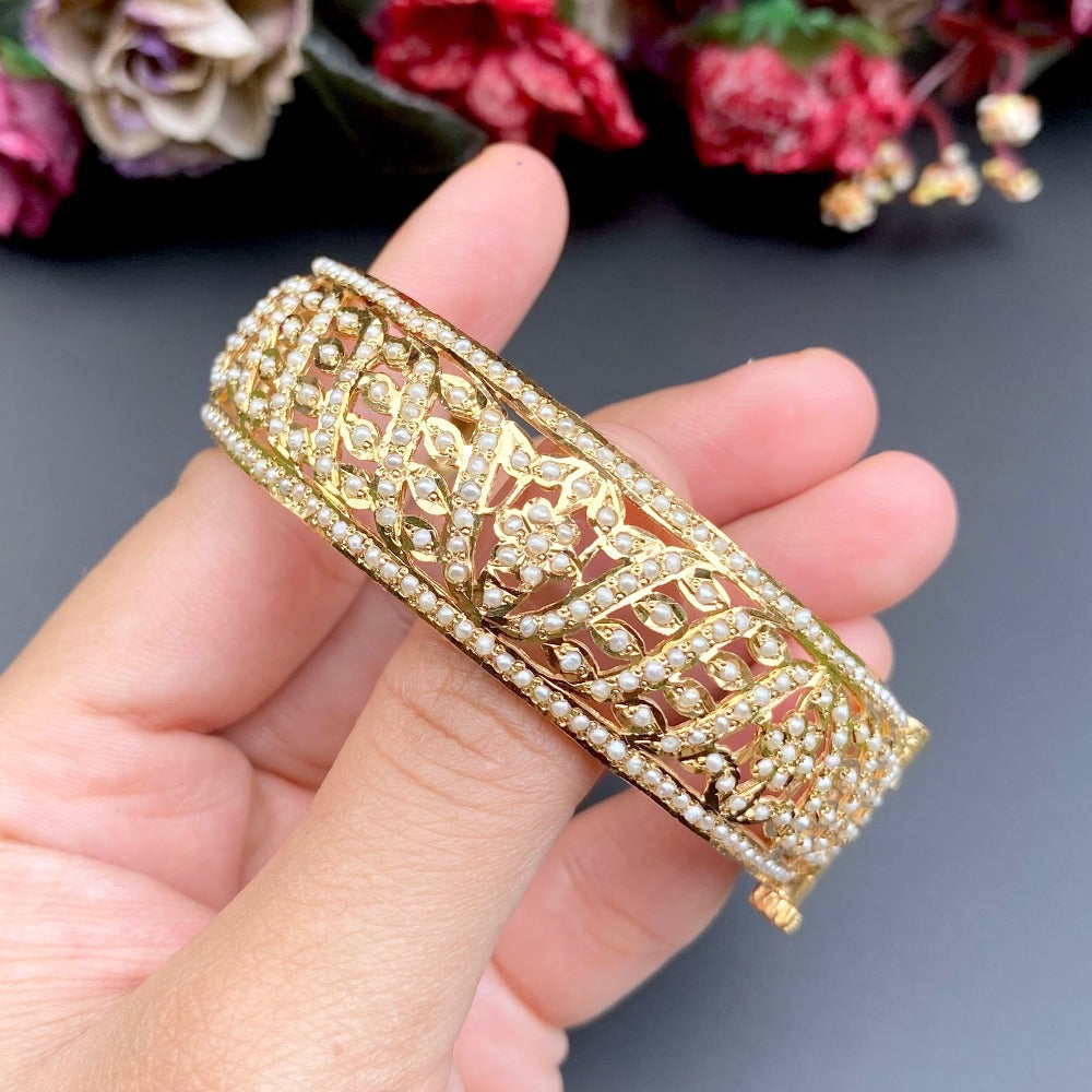 jadau kada with pearls on gold polished silver