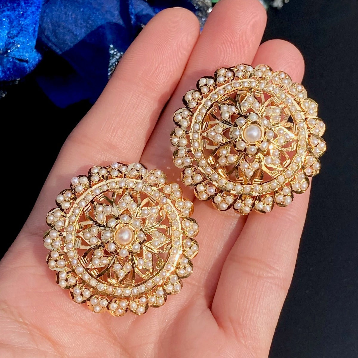 gold plated pearl stud earrings, large round shape