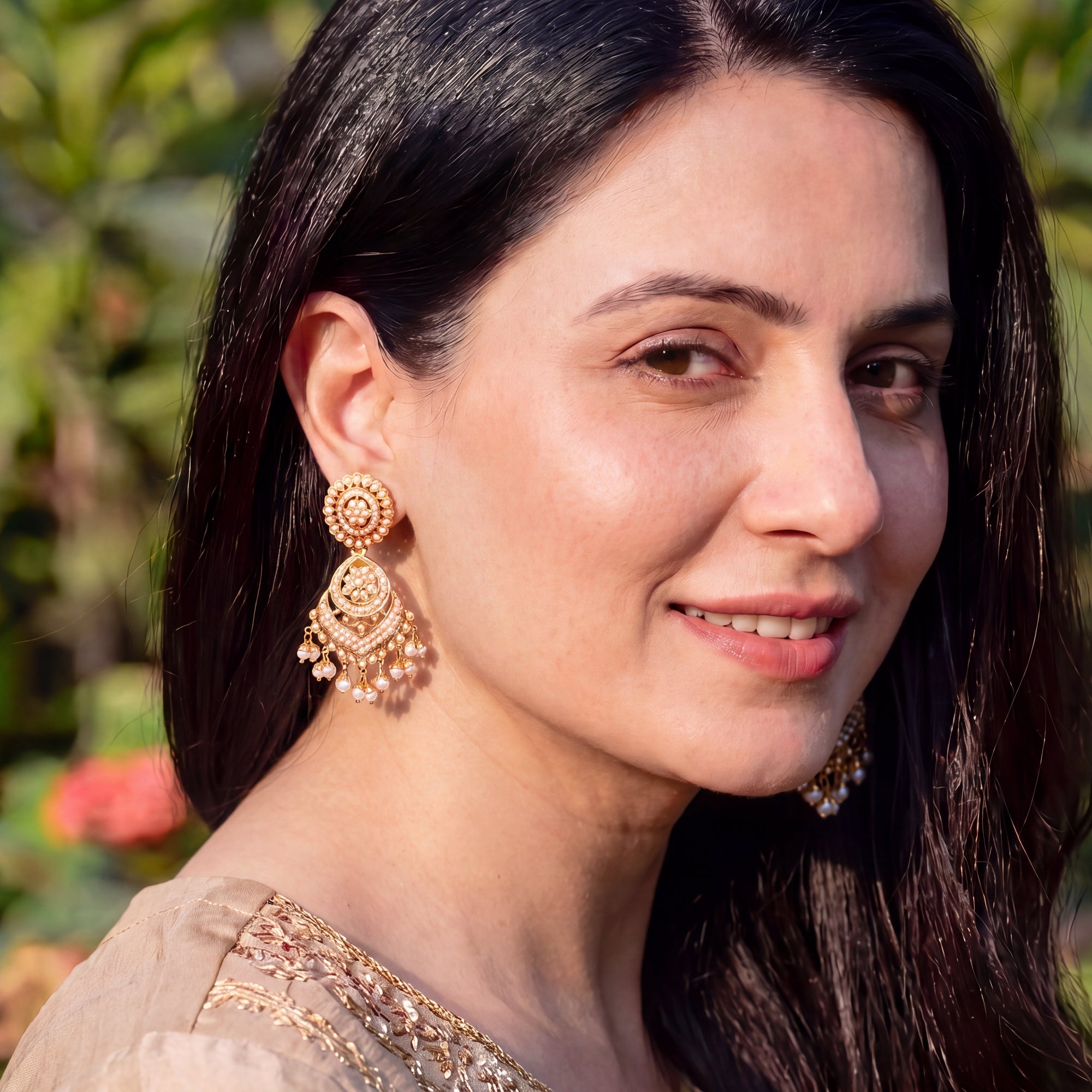 Gold Plated Traditional Jadau Pearl Earrings in Silver ER 214