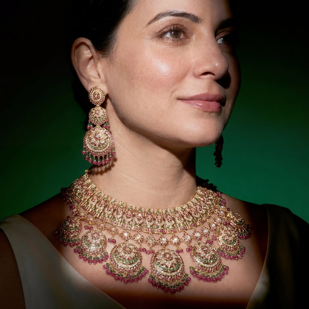 नवीनतम ब्राइडल ज्वेलरी सेट ऑनलाइन खरीदें | असली सोने का जड़ाऊ नेकलेस सेट GNS 122