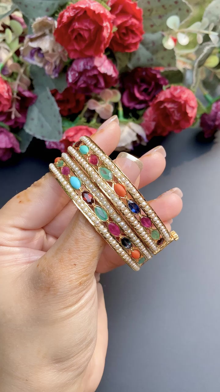 navratna jadau bangles on gold plated silver