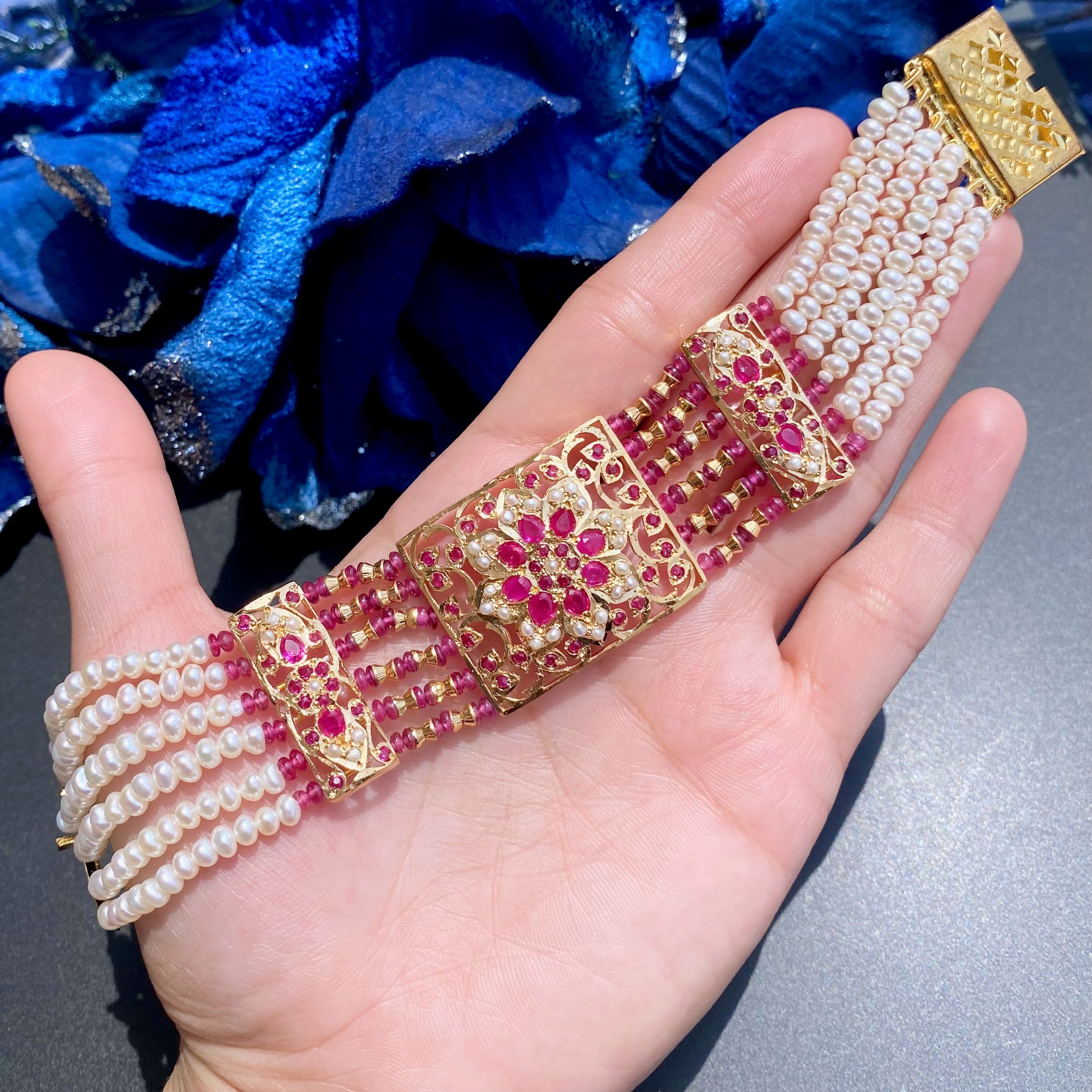 Ruby Red Jadau Bracelet | Gold Plated on Silver | Real Pearl & Ruby Beads BG 115