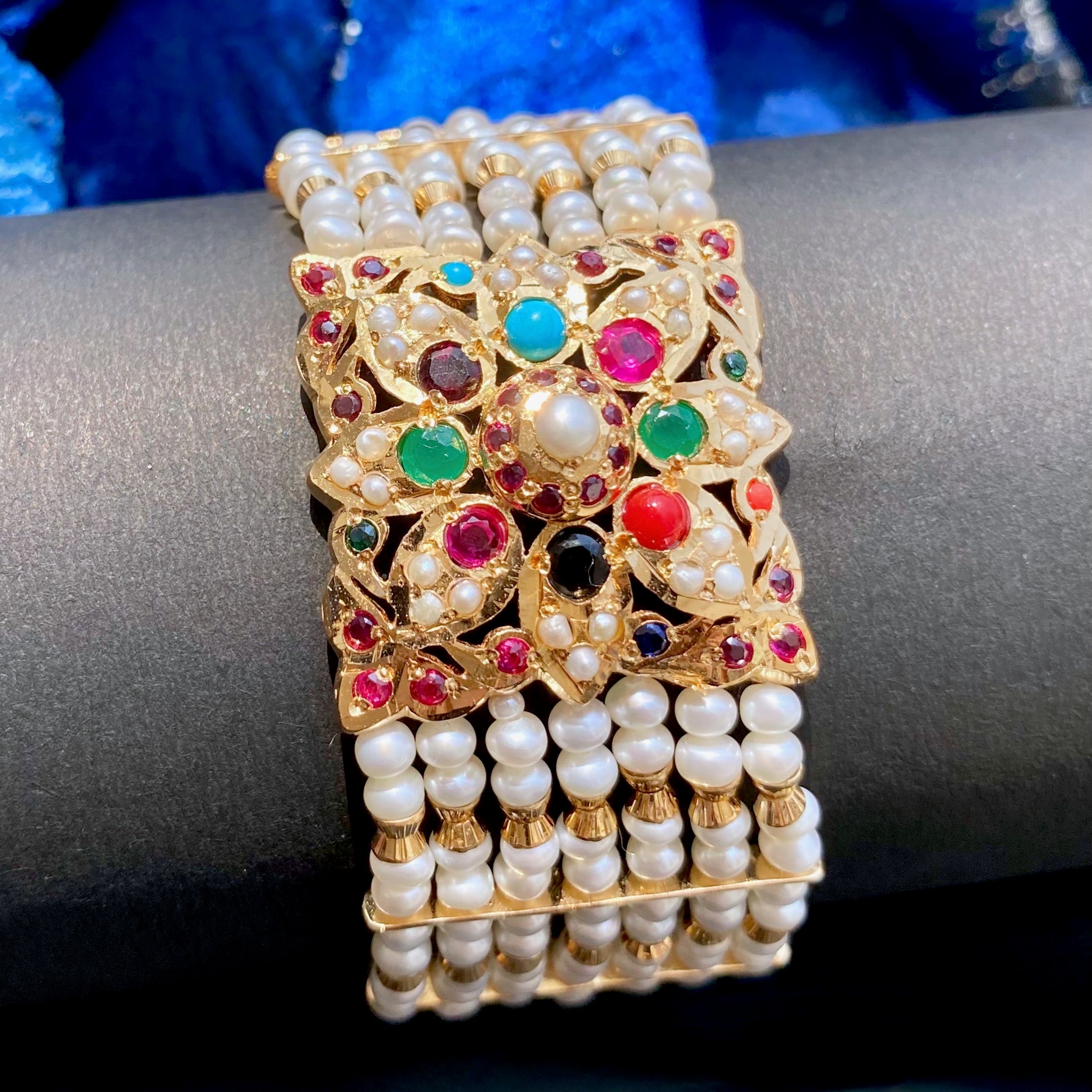 Mughal Style Dasti Bracelet | Gold Plated on Silver | Original Freshwater Pearls