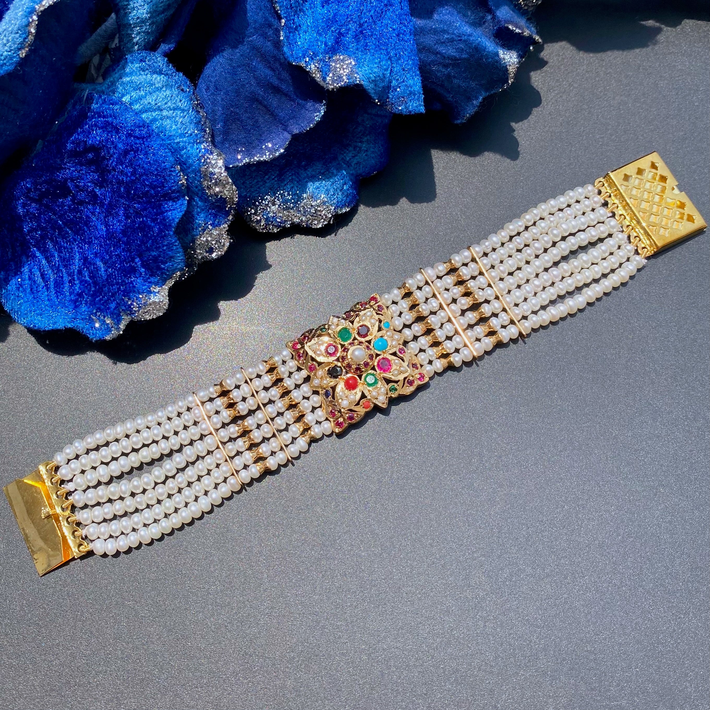 Mughal Style Dasti Bracelet | Gold Plated on Silver | Original Freshwater Pearls