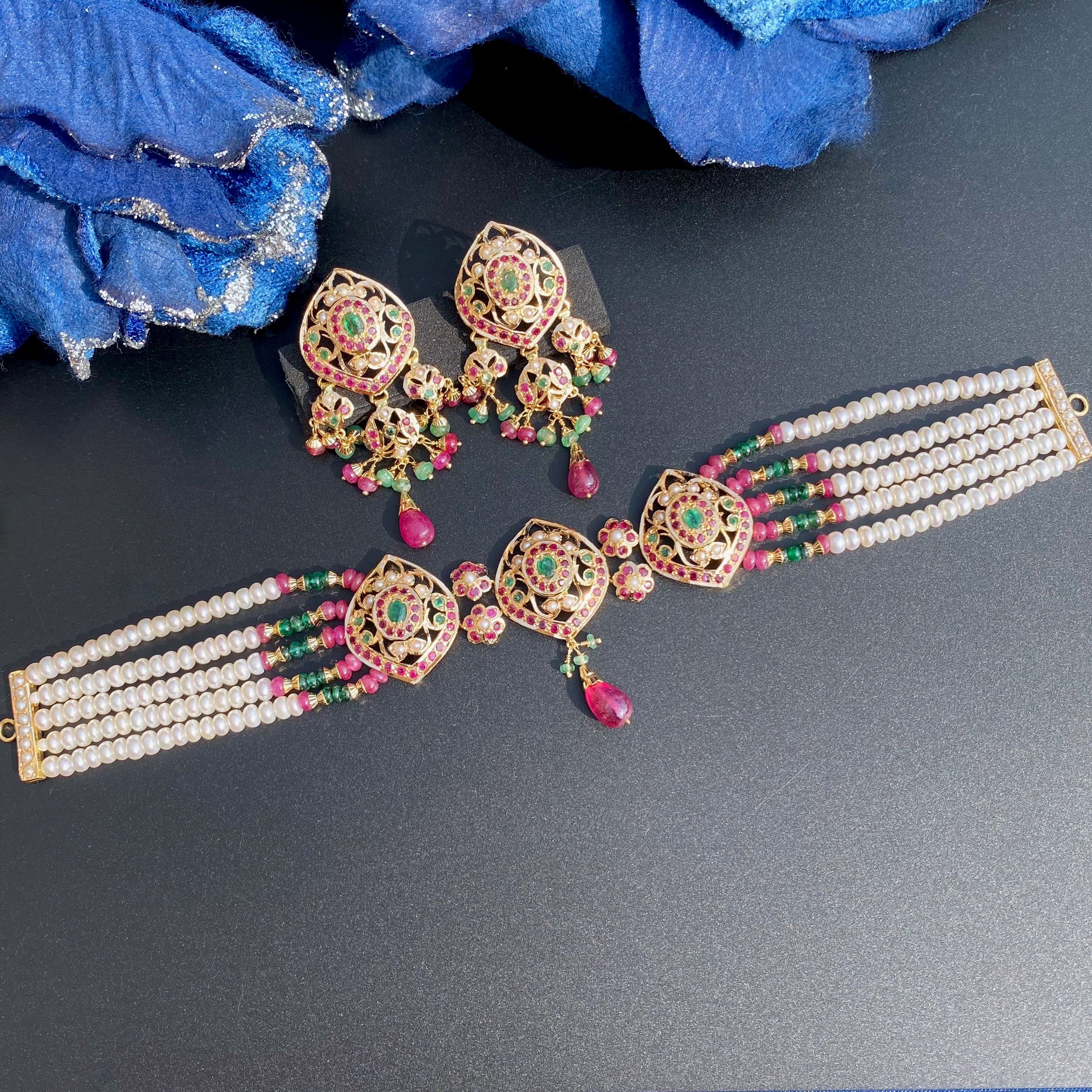 Party Wear Gold Choker Set | Precious Stones and Pearls Studded | Traditional Indian Gold Jewelry GNS 238