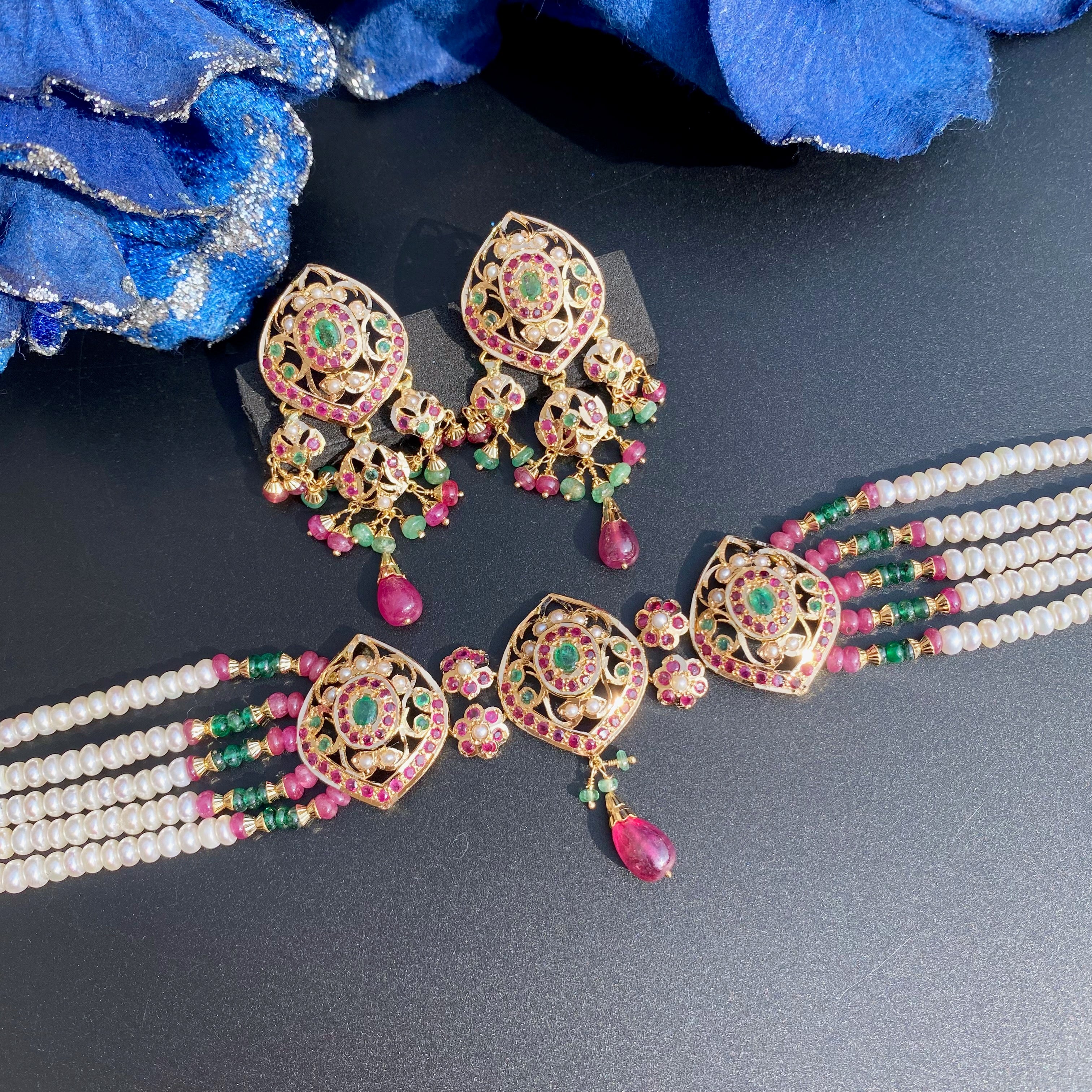 Party Wear Gold Choker Set | Precious Stones and Pearls Studded | Traditional Indian Gold Jewelry GNS 238