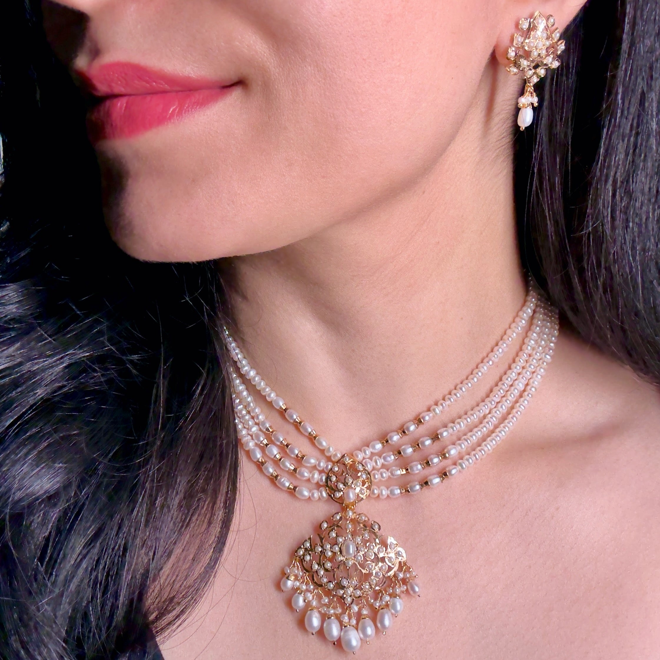 Sitarami Set in Freshwater Pearls | Gold Plated on Sterling Silver | Heritage Indian Jewelry NS 383