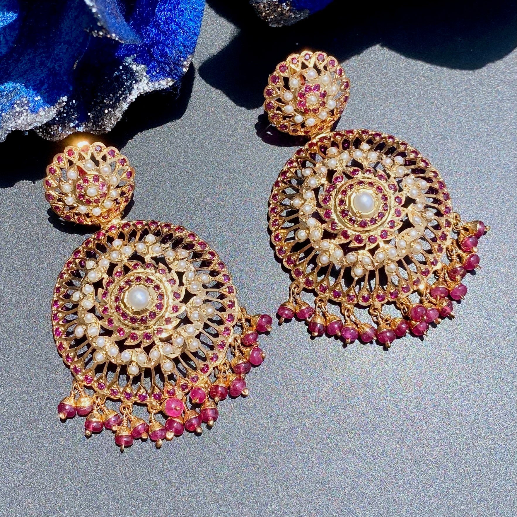 Finely Crafted Jadau Earrings | Gold Plated on Silver | Round Danglers ER 568