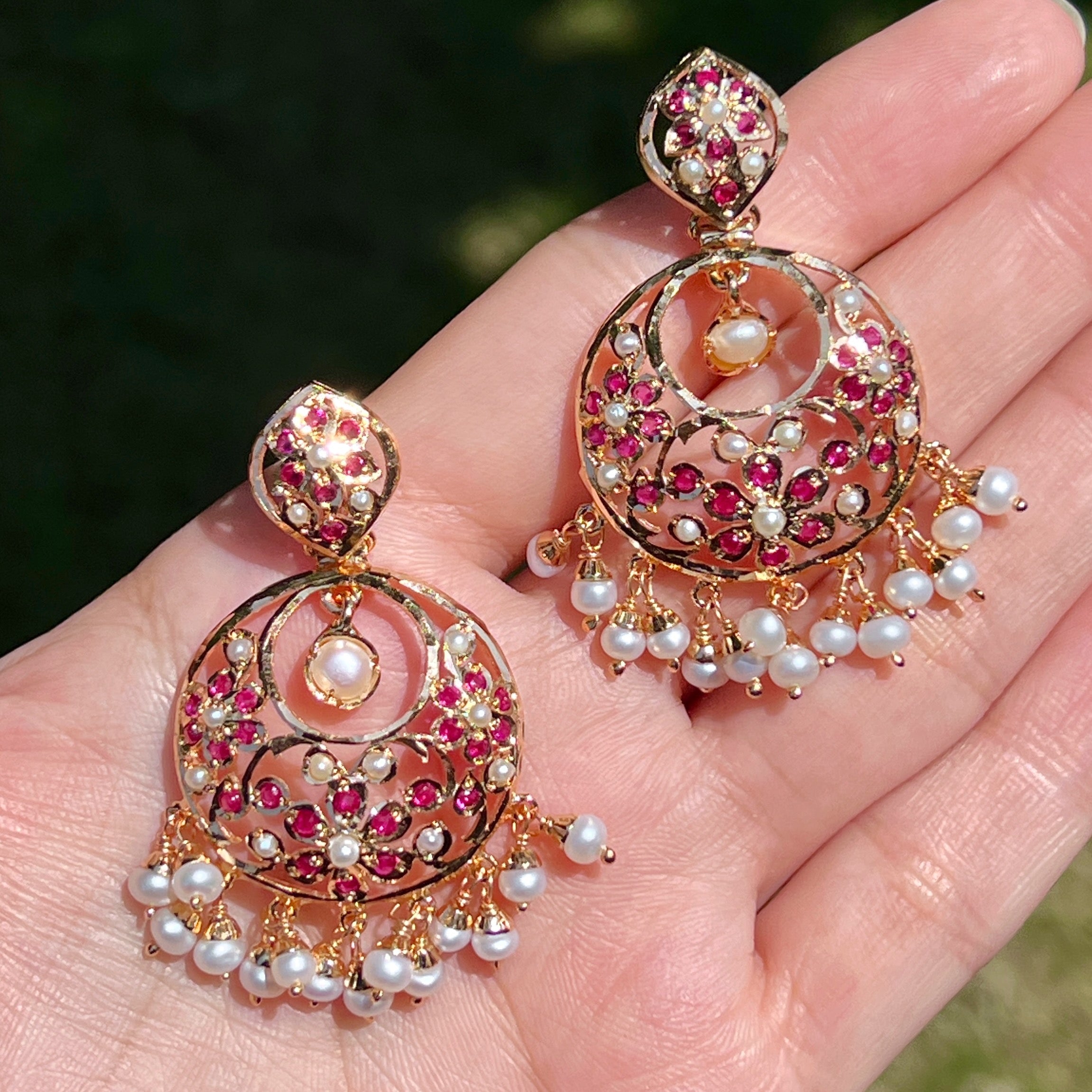delicate ruby pearl chandbali earrings
