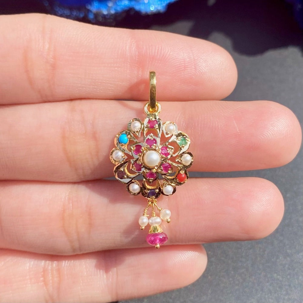 round navratna pendant only in 22k gold studded with precious stones gp 009