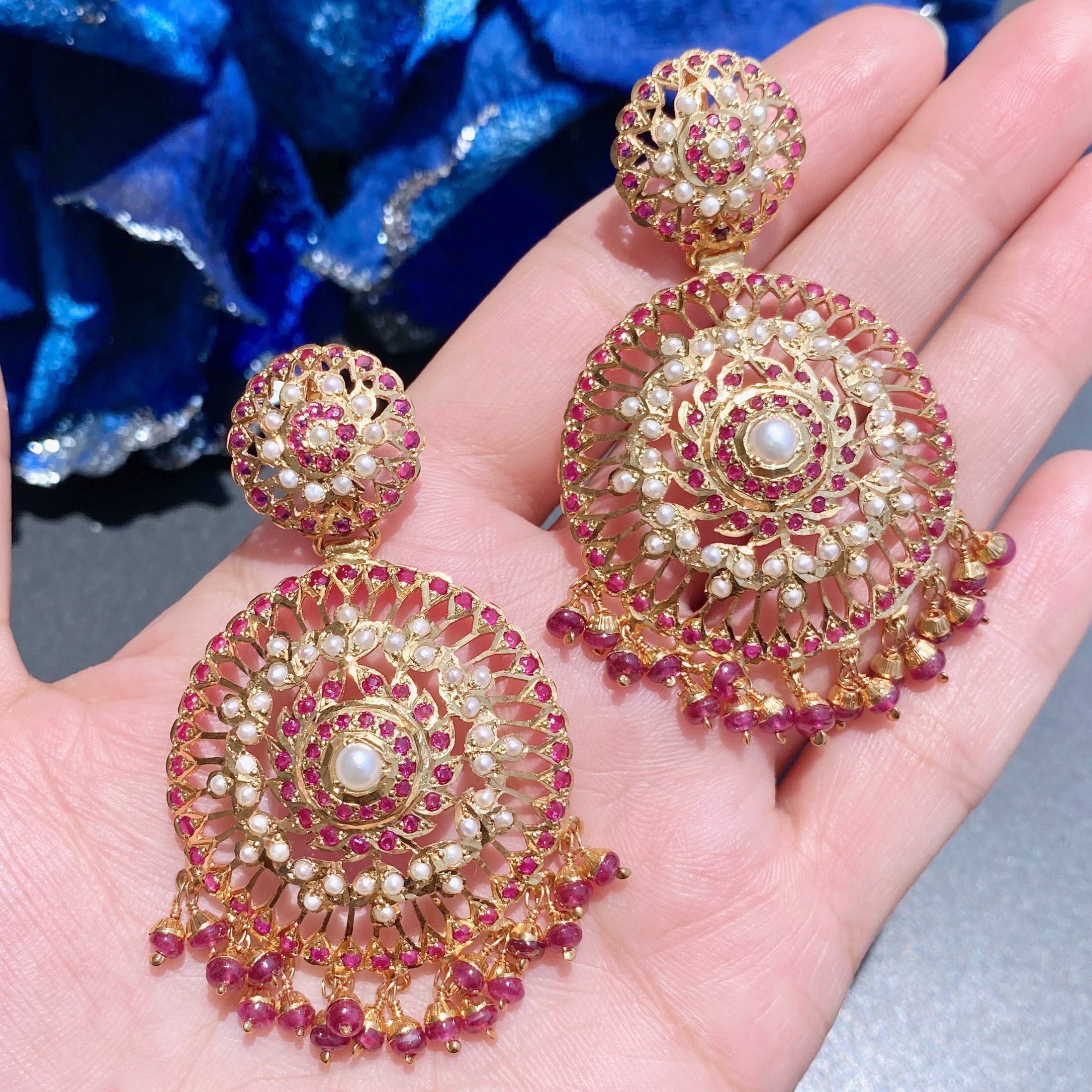 Finely Crafted Jadau Earrings | Gold Plated on Silver | Round Danglers ER 568