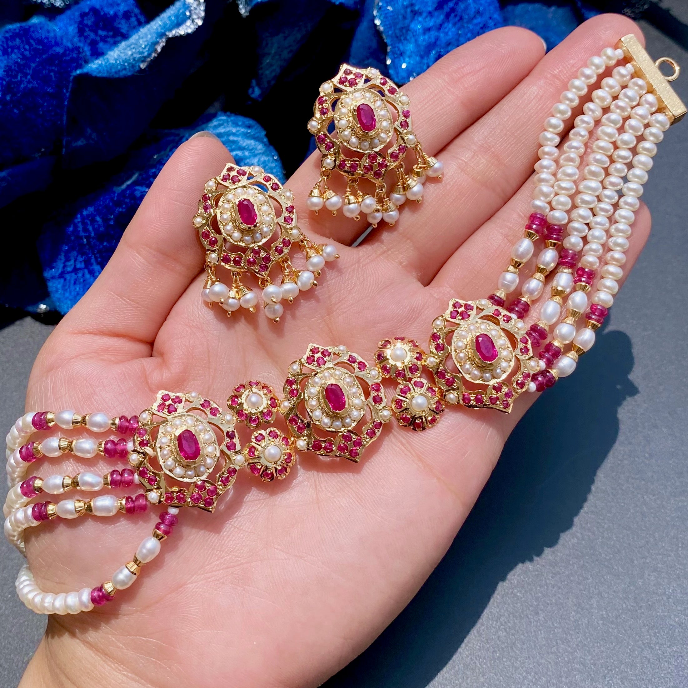 Choker Set For Women | Gold Plated on Silver | Ruby Pearl Combination