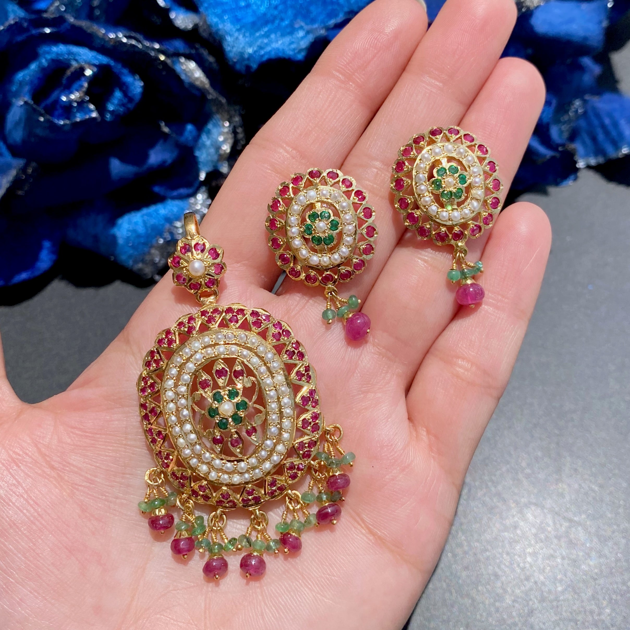 Oval Jadau Pendant Set | Gold Plated on Sterling Silver PS 121
