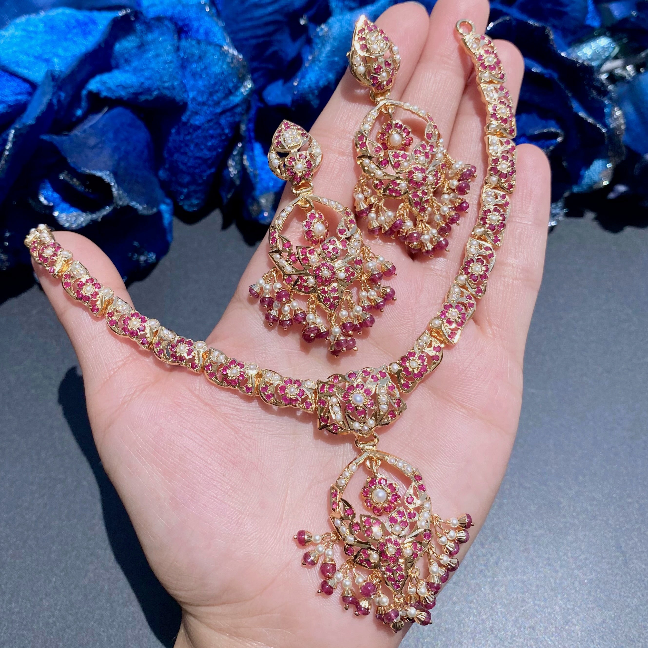 Ruby Pearl Jadau Necklace Set | Gold Plated on Silver NS 393