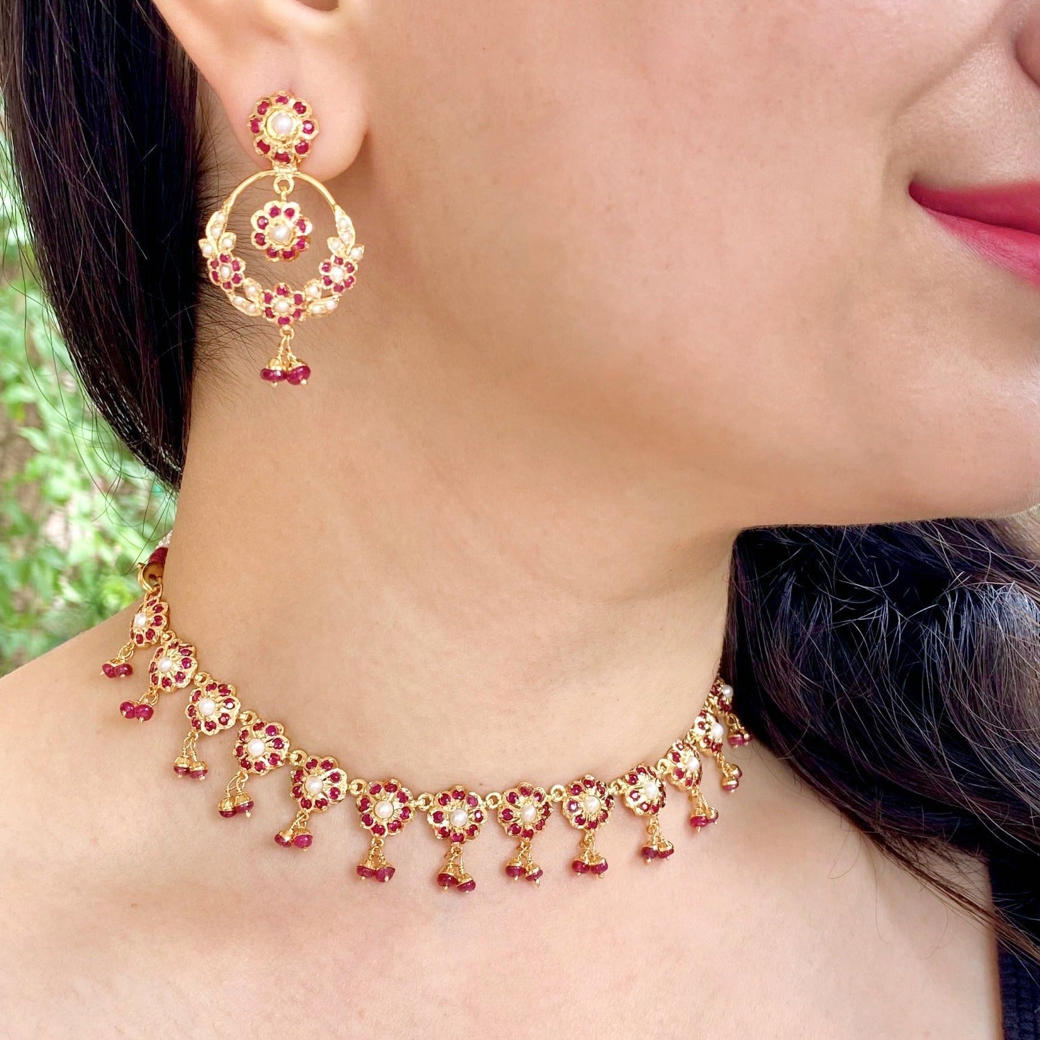 Gold Plated Floral Ruby Set | Delicate Necklace & Chandbali Earrings For Gifting NS 299
