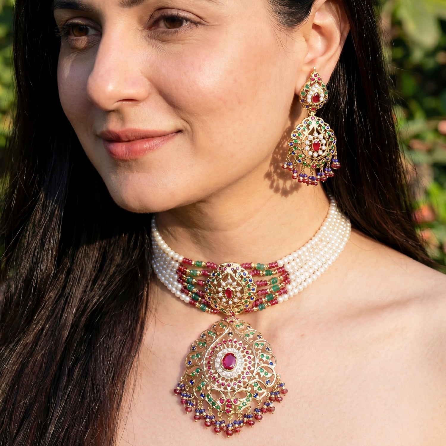 Mughal-style Jadau Choker | Indian Necklace Set | Gold Plated Silver NS 043