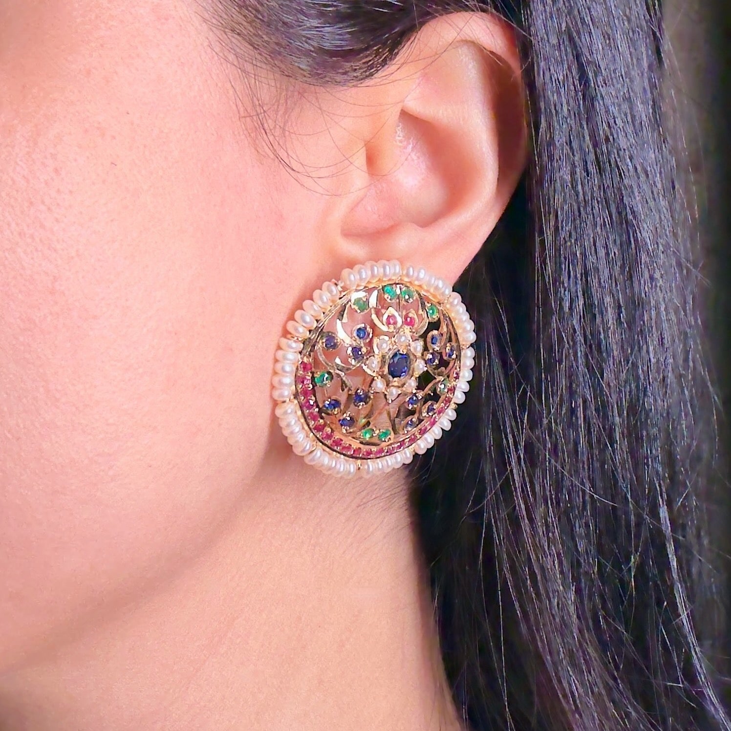 Exquisite Large Round Jadau Studs For Women | Gold Plated on Silver ER 553