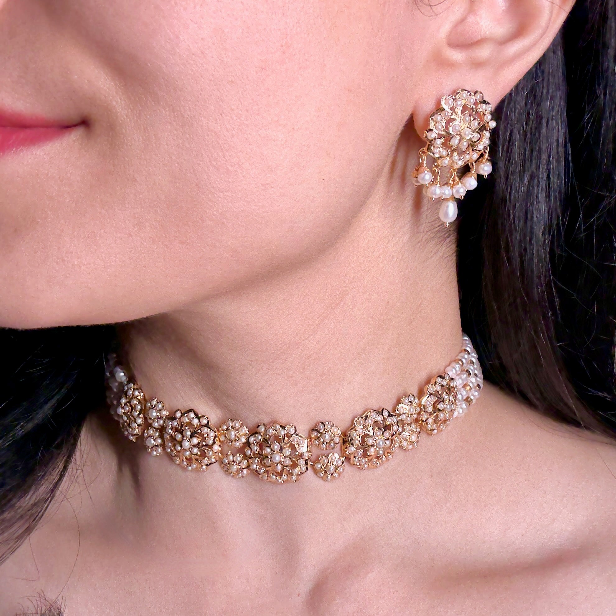 Simple Sophisticated Pearl Choker Set | Gold Plated on Silver | Freshwater Pearls NS 385