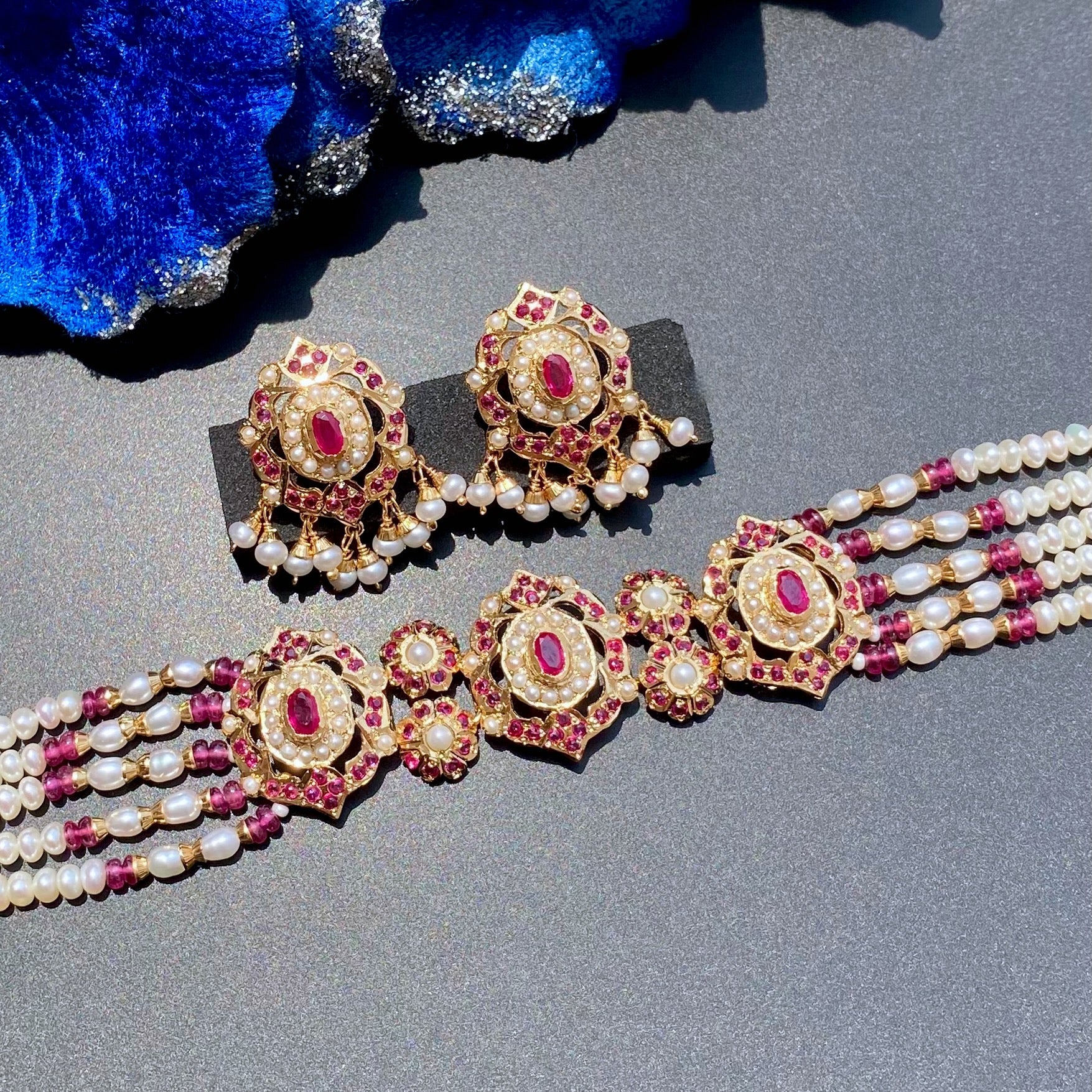 Choker Set For Women | Gold Plated on Silver | Ruby Pearl Combination
