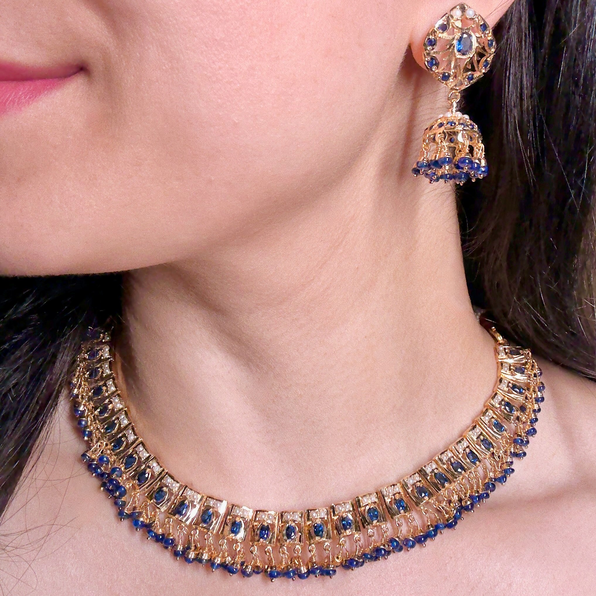 Simple Elegant Jadau Necklace With Jhumka | Gold Plated on Silver | Blue Sapphire & Pearls NS 411