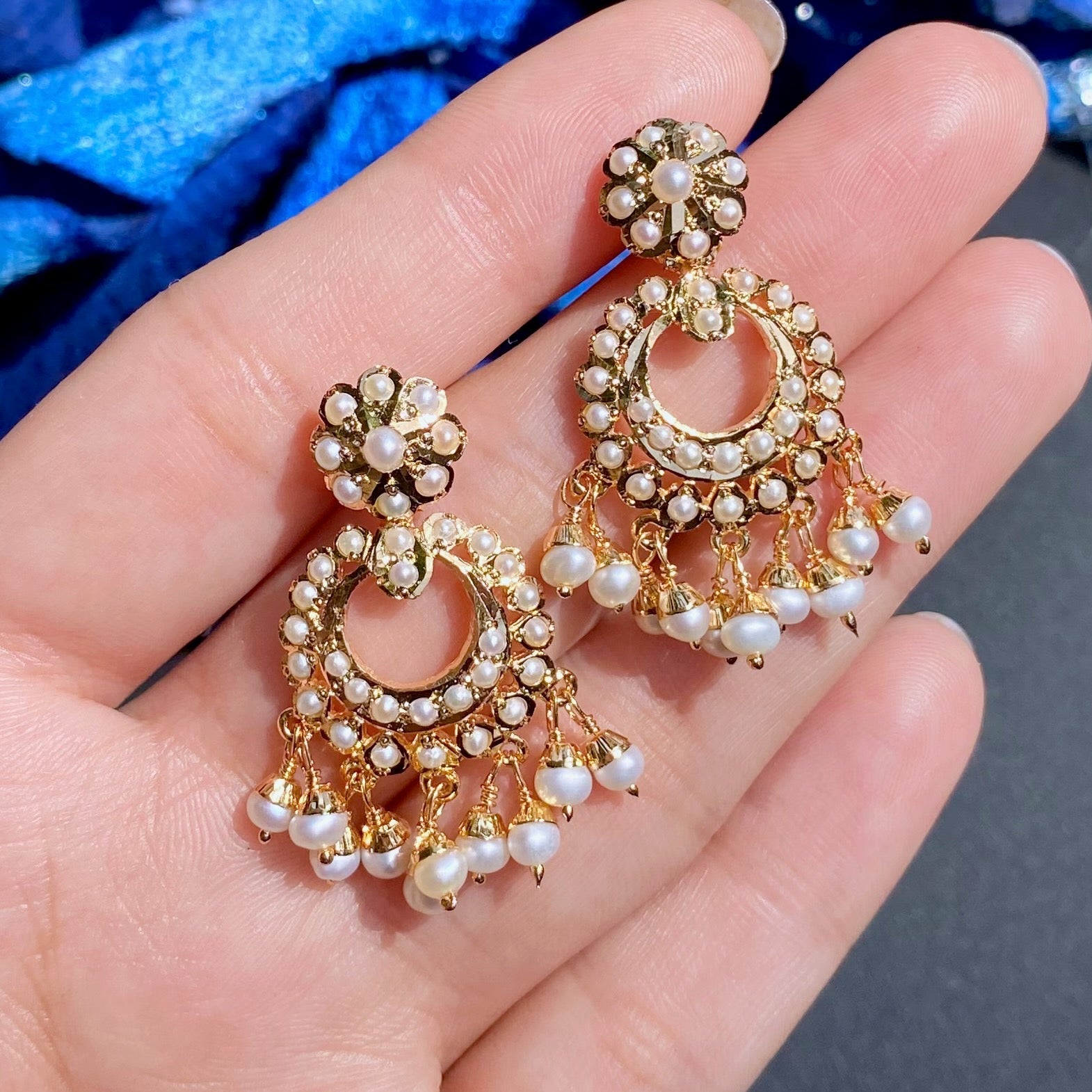 Minimalist Chandbali Earrings Gold Plated on Silver Real Pearls ER 359