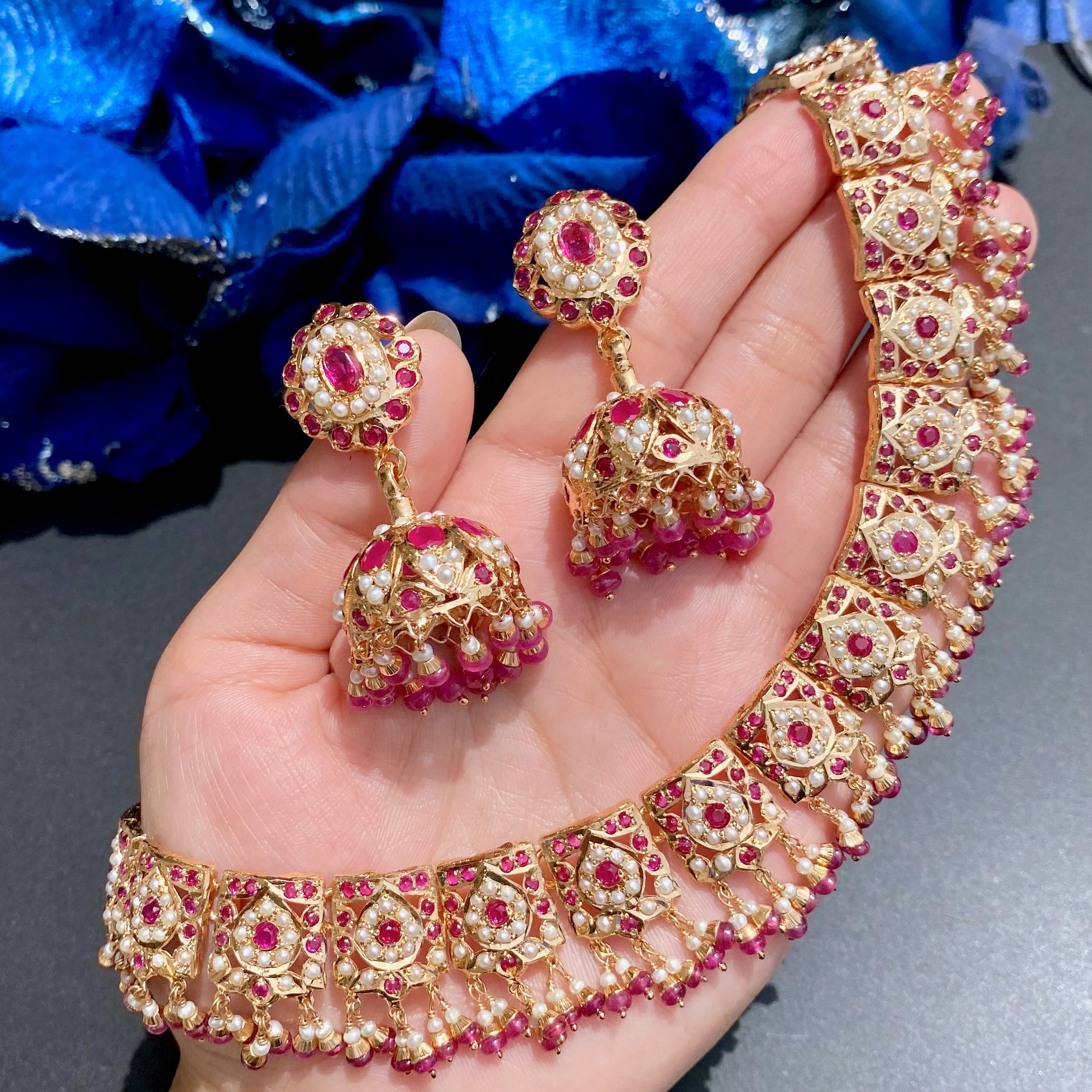 Sophisticated Jadau Necklace with Jhumka Earrings | Gold Plated on Silver