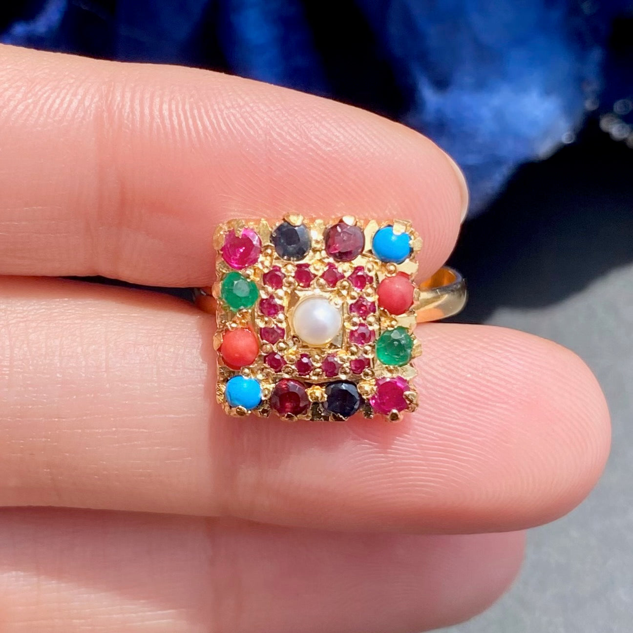 Small Navratna Ring For Women | Gold Plated on Silver | Traditional Jadau Jewelry