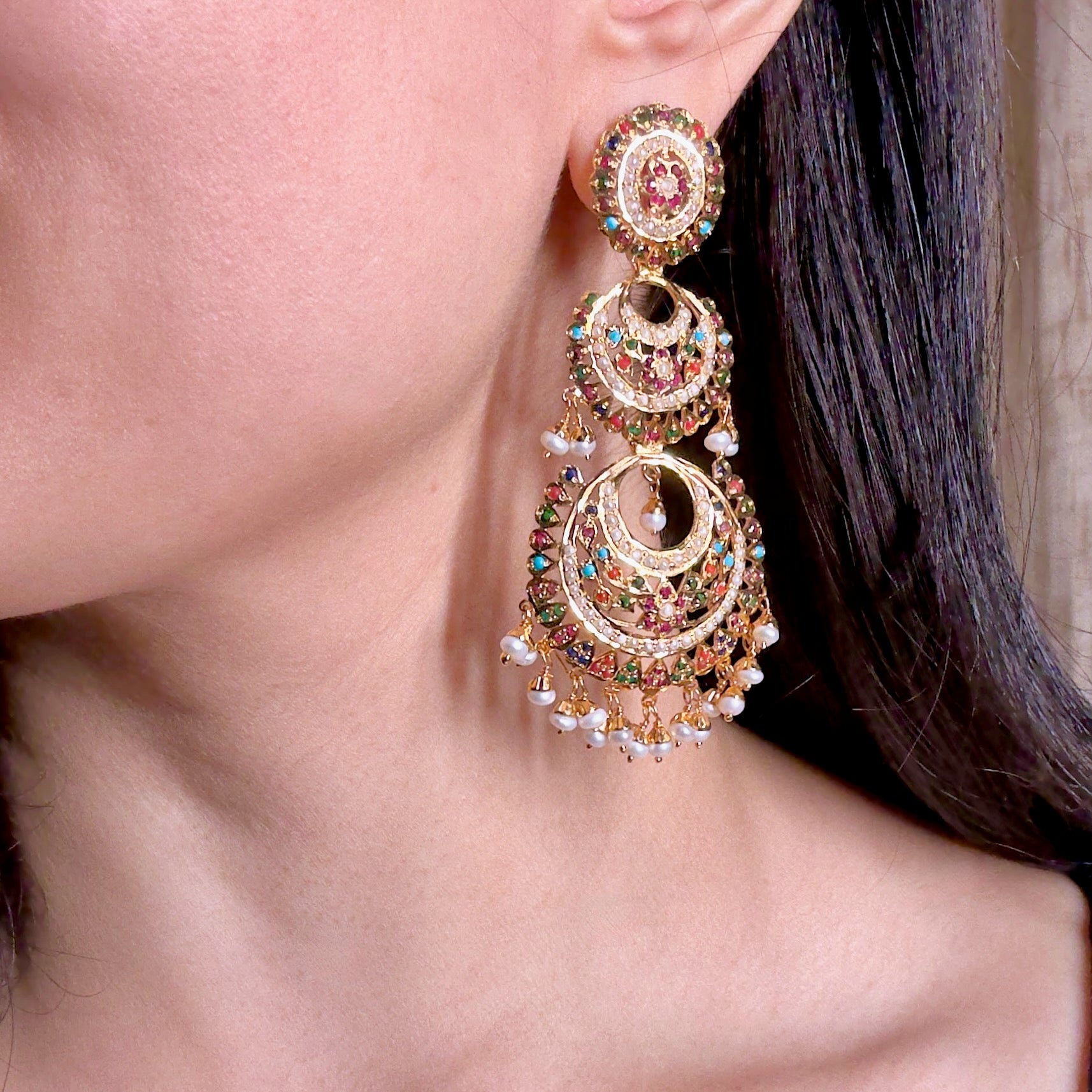 Navratna Double Chandbali Earrings | Gold Plated on Sterling Silver