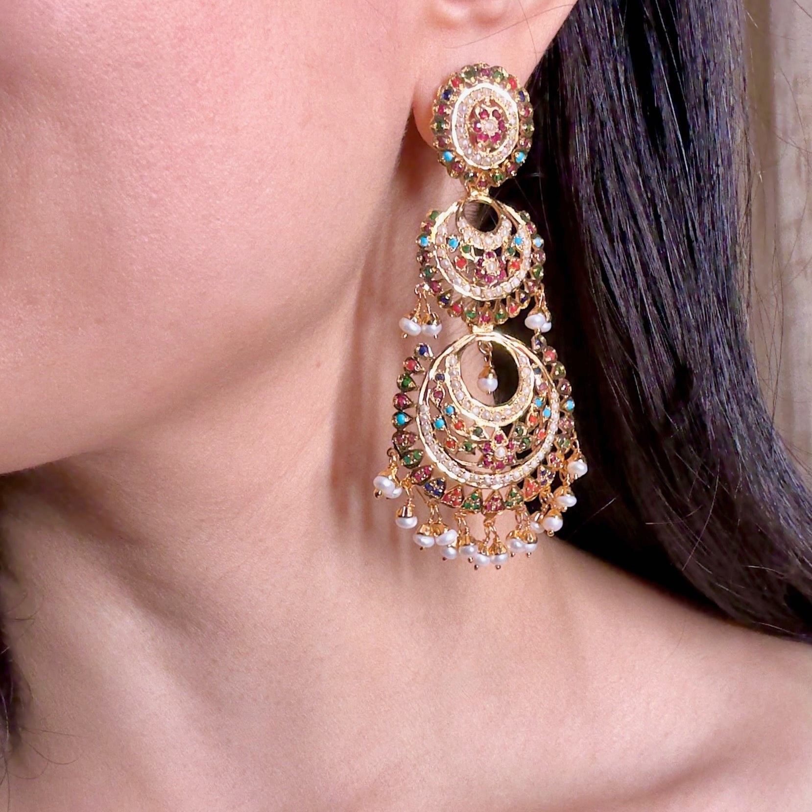 Navratna Double Chandbali Earrings | Gold Plated on Sterling Silver ER 566